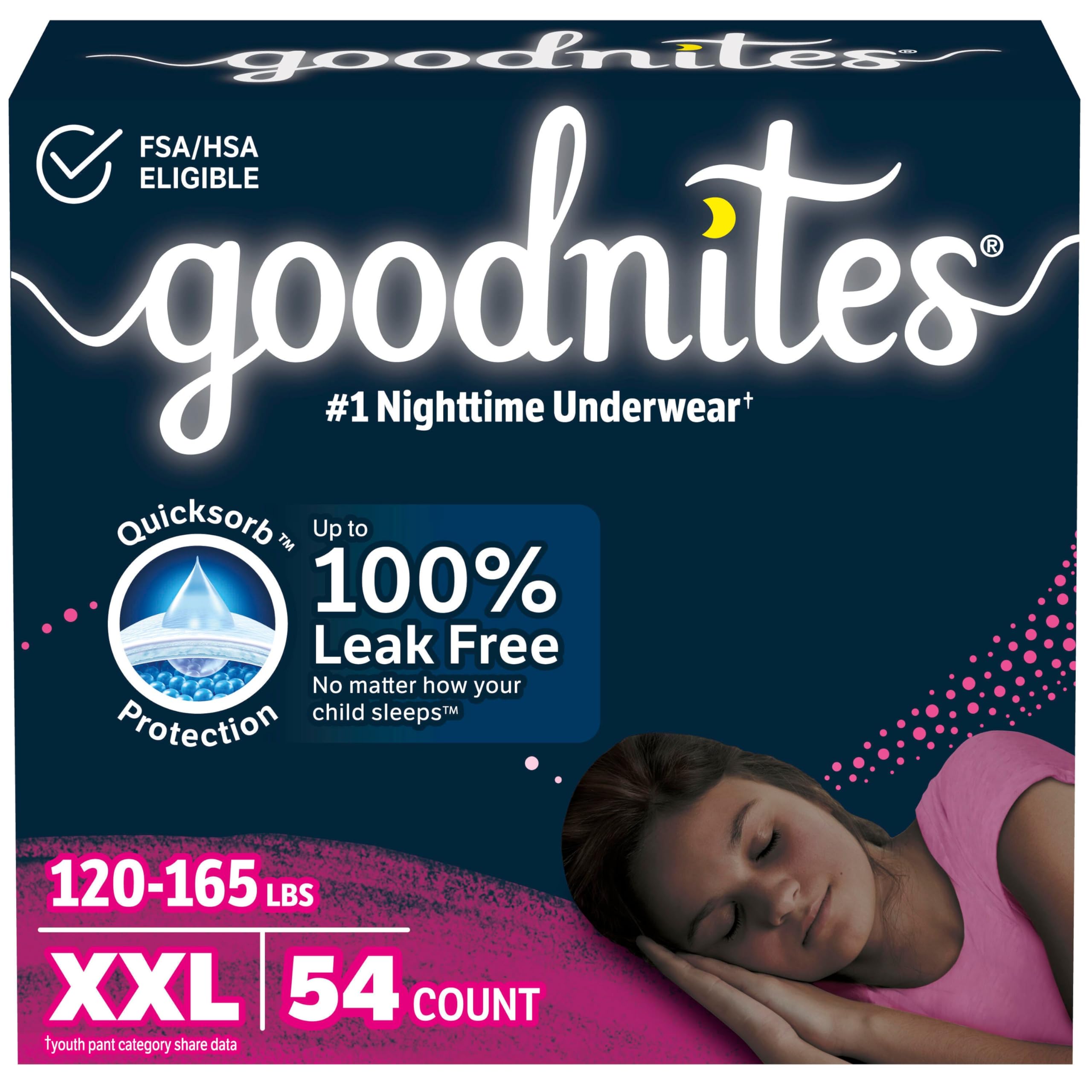 Goodnites Girls' Nighttime Underwear, Size XXL (120-165 lbs), 54 Ct, Packaging May Vary