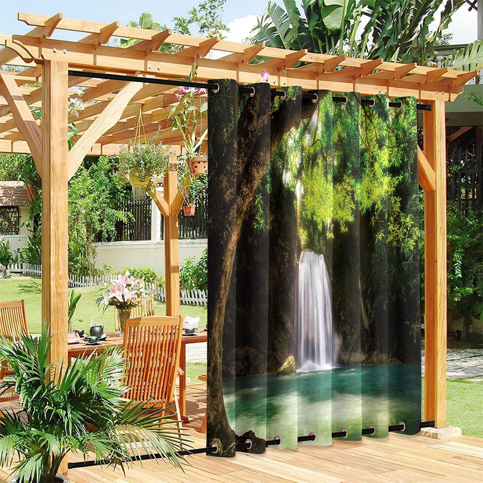 Hiseng Outdoor Vorhänge Wetterfest mit Ösen Oben und Unten, 3D Wasserfall Muster wasserdichte Outdoorvorhänge 1 Stück Verdunkelungsvorhang Sichtschutz Vorhang (Wasserfall 1,200x200cm)