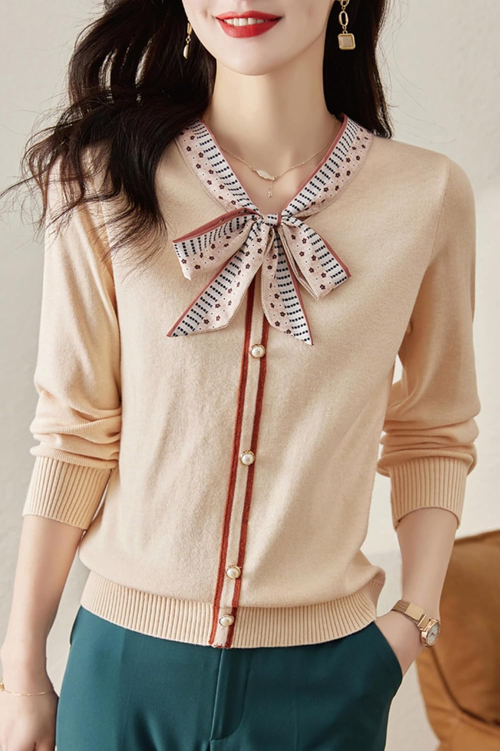 LAI MENG FIVE CATS Women's Vintage Tie Neck Sweater Knit Shirt Long Sleeve Tunic Pullover Blouse Tops - Image 2