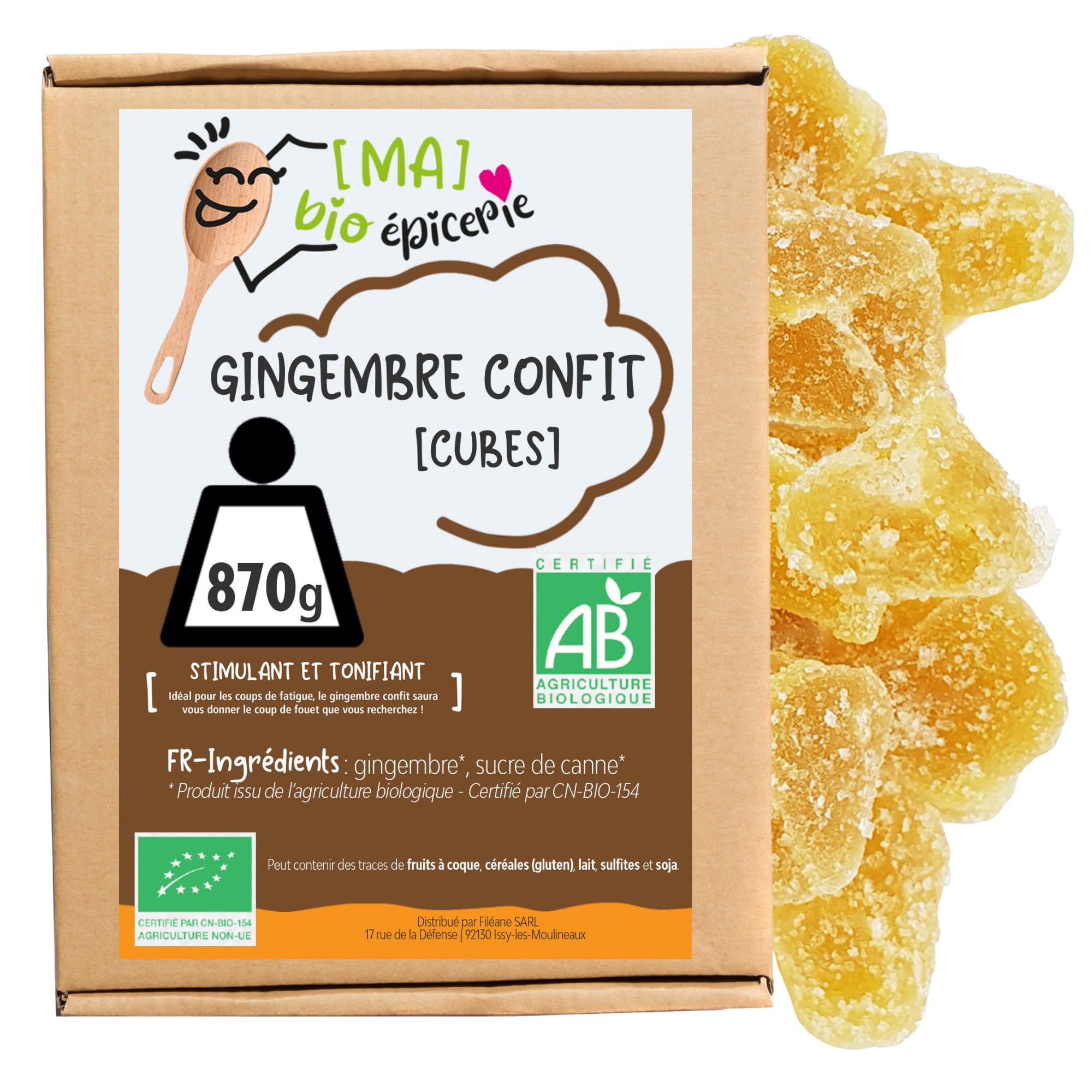 [MA] bio-épicerie - Gingembre confit BIO en cubes 870 g – Sachet vrac – Gingembre confit sans conservateur – Format polyvalent pour cuisine, pâtisserie et recettes maison