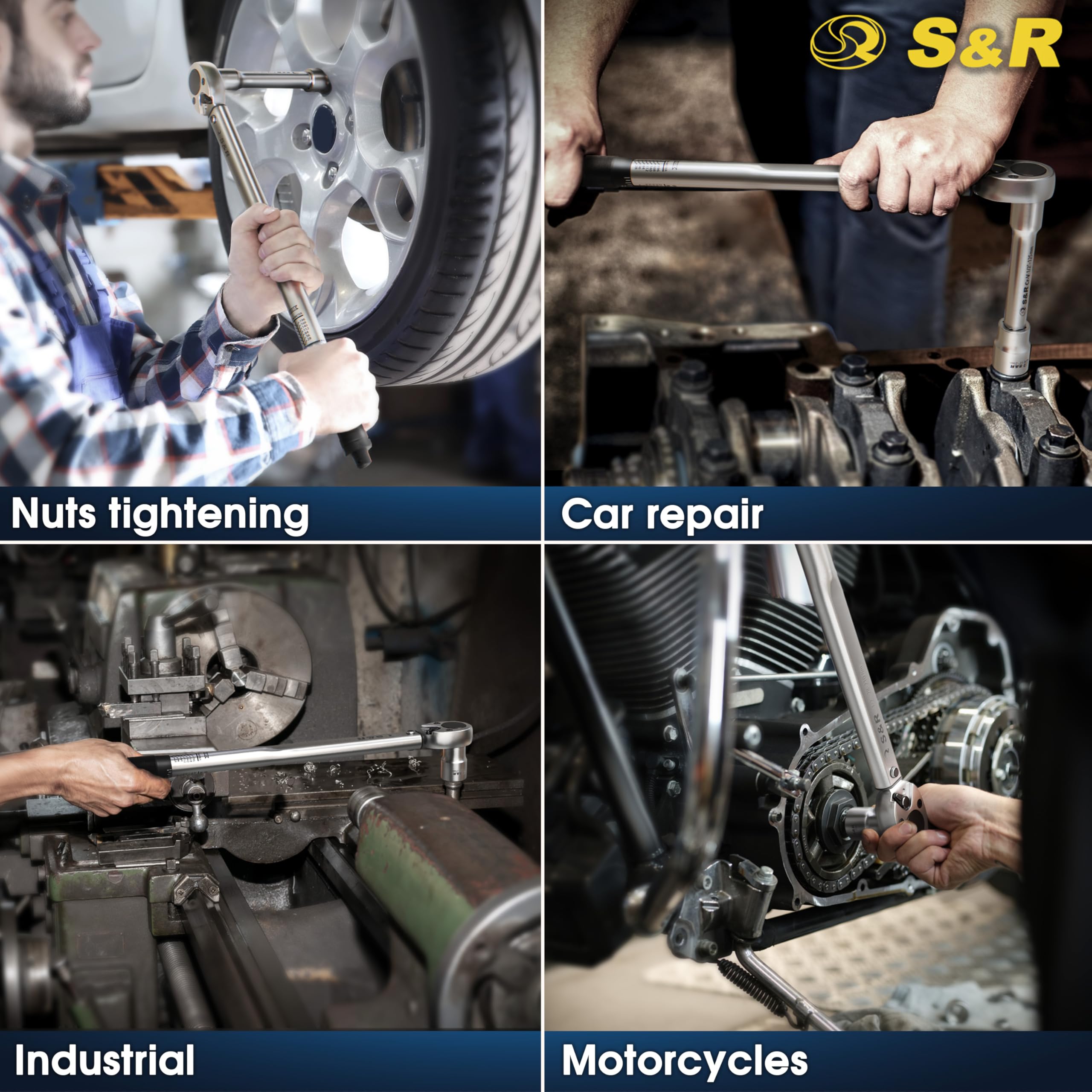 S&R Klucz dynamometryczny 28-210 Nm ZESTAW: 1/2' klucz dynamometryczny 475 mm z 1/2' przedłużką 125 mm i 3 nasadkami 17mm, 19mm, 21mm ; Odporny na uszkodzenia klucz do opon nasadki nakrętki