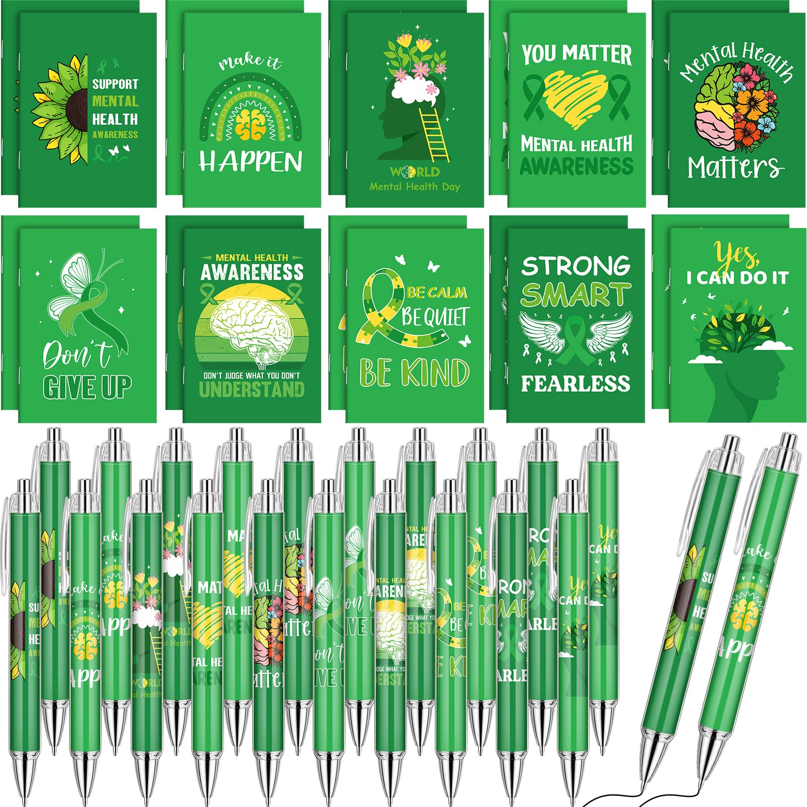 Eaasty Confezione da 200 penne a sfera per la salute mentale, include 100 quaderni verdi per la consapevolezza e 100 penne retrattili verdi, per programma di benessere in ufficio, forniture