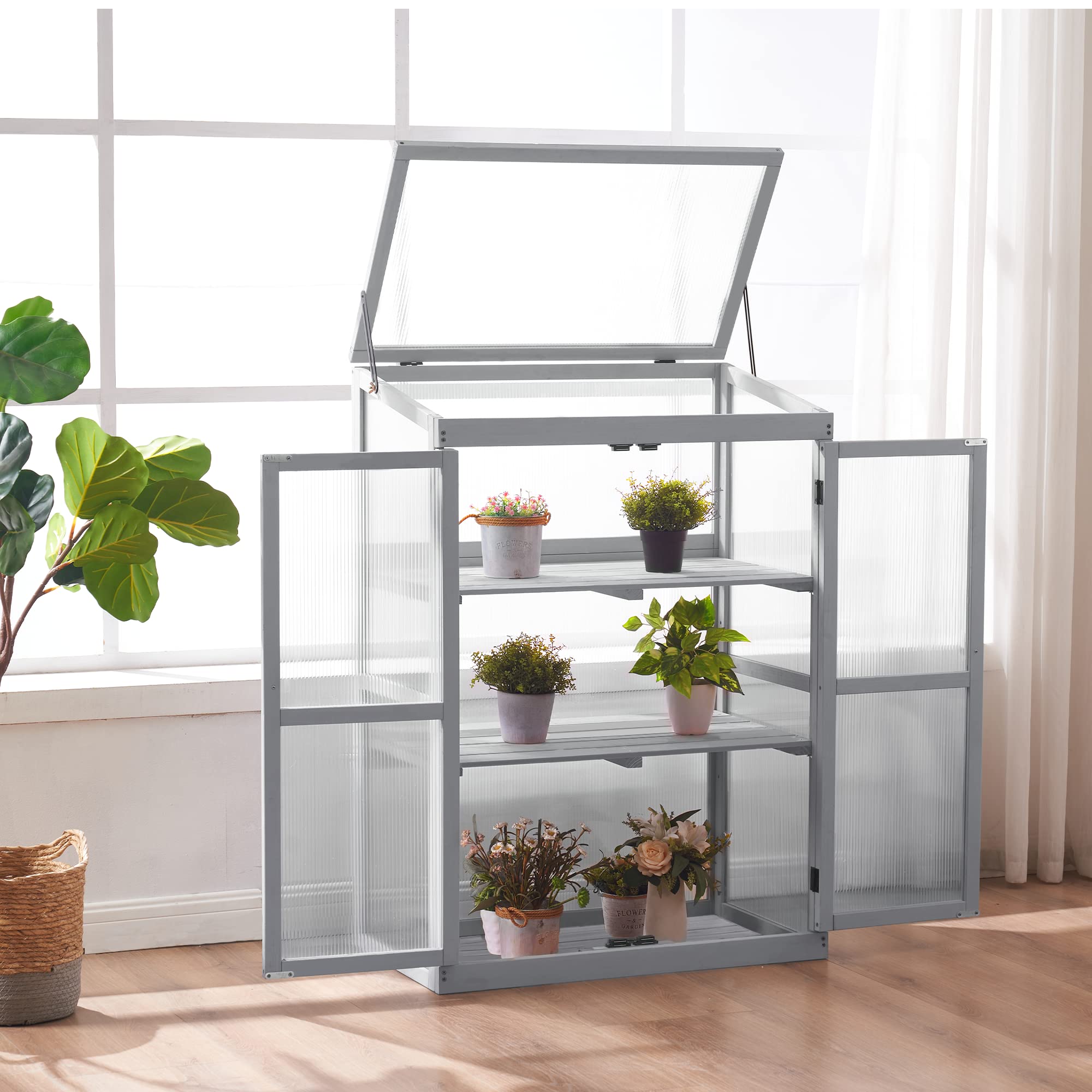 M MCombo Serra per aiuola in legno, per balcone e giardino, piccola serra Greenhouse, decorazione invernale, 0760 (Grigio)