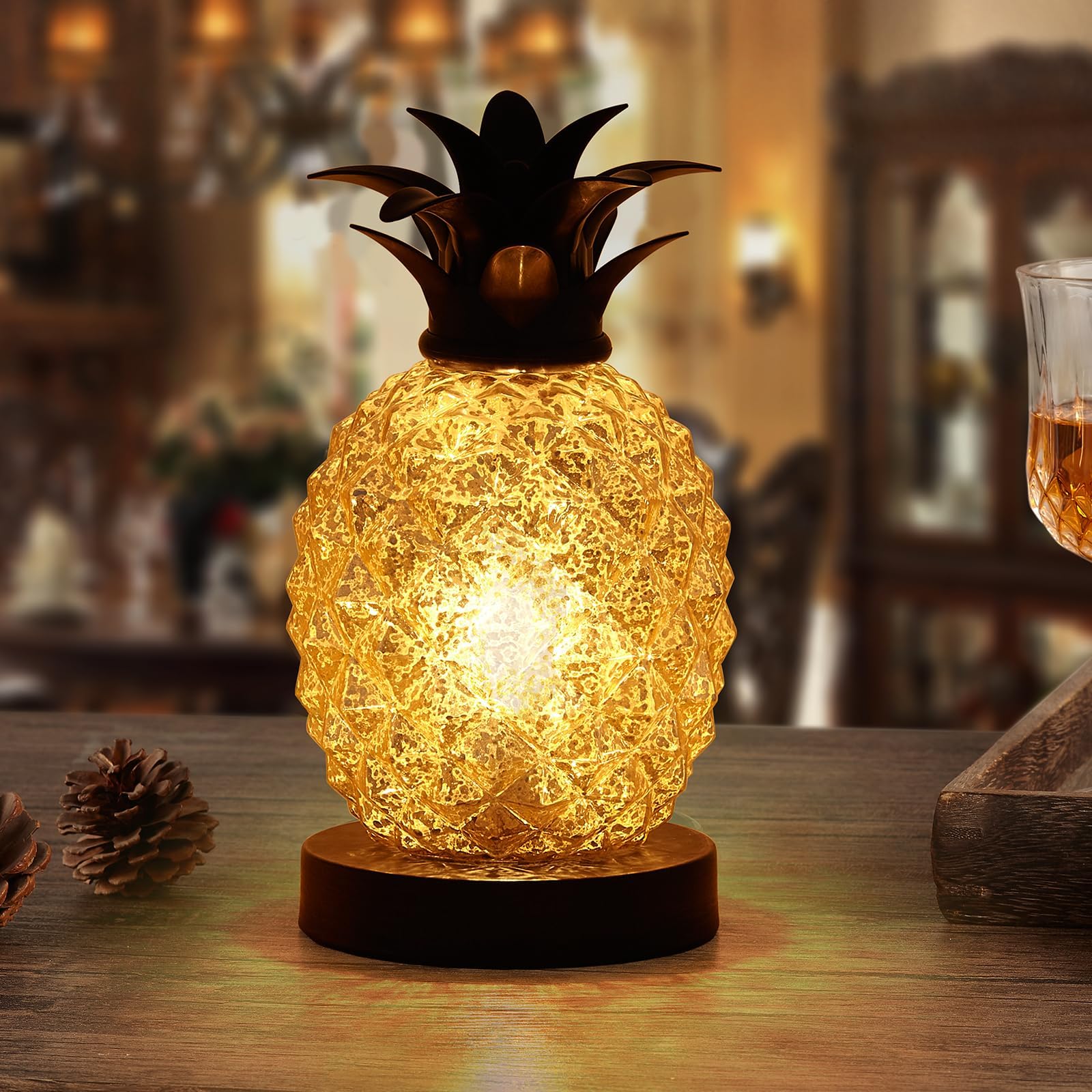 Cute Mercury Glass Pineapple lamp, Golden Glass Table Lamp, Countertop Lamp , Night Light, Bedroom, Living Room, Dresser, Kids Room, Kitchen, Dorm, Festival Decor & Gift, MJ0001
