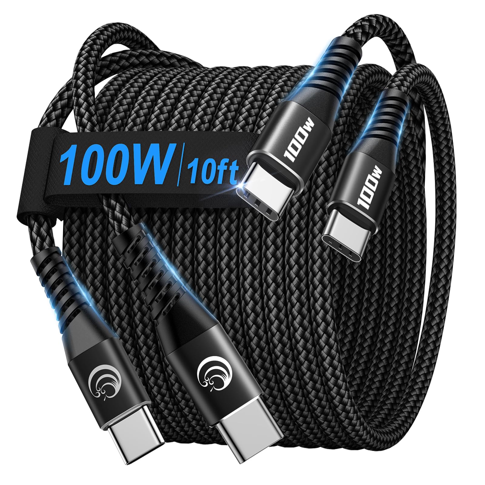 Value Pack: 10ft USB-C to USB-C 100W Fast Charging Cable (2-Pack, Braided)