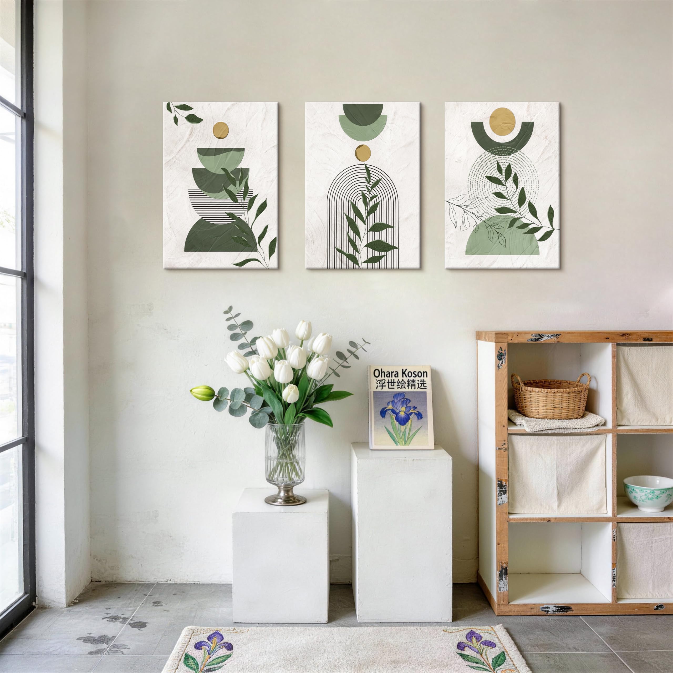 3 Pcs Wooden Framed Canvas Wall Art Set Bohemian Sage Green Canvas Prints Poster Geometric Line Beige Green Pictures for Living Room Bedroom Dinning Room Hallway Stairs Wall Decor 30x40cm x3pcs — view 53