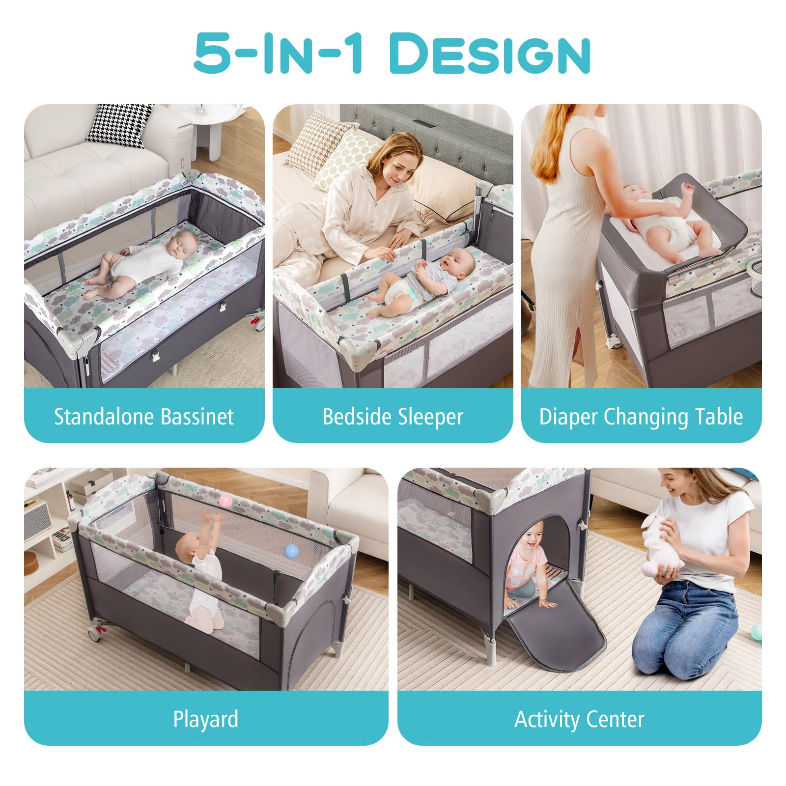 LIFEZEAL Lettino da Campeggio, Lettino per Bambini 0-3 Anni, Culla da Viaggio, Box, Co-sleeping, con Materasso, Fasciatoio, Giostrina, Ruote, Borsa, Pieghevole, Portatile, 125x65x119 cm (grigio)