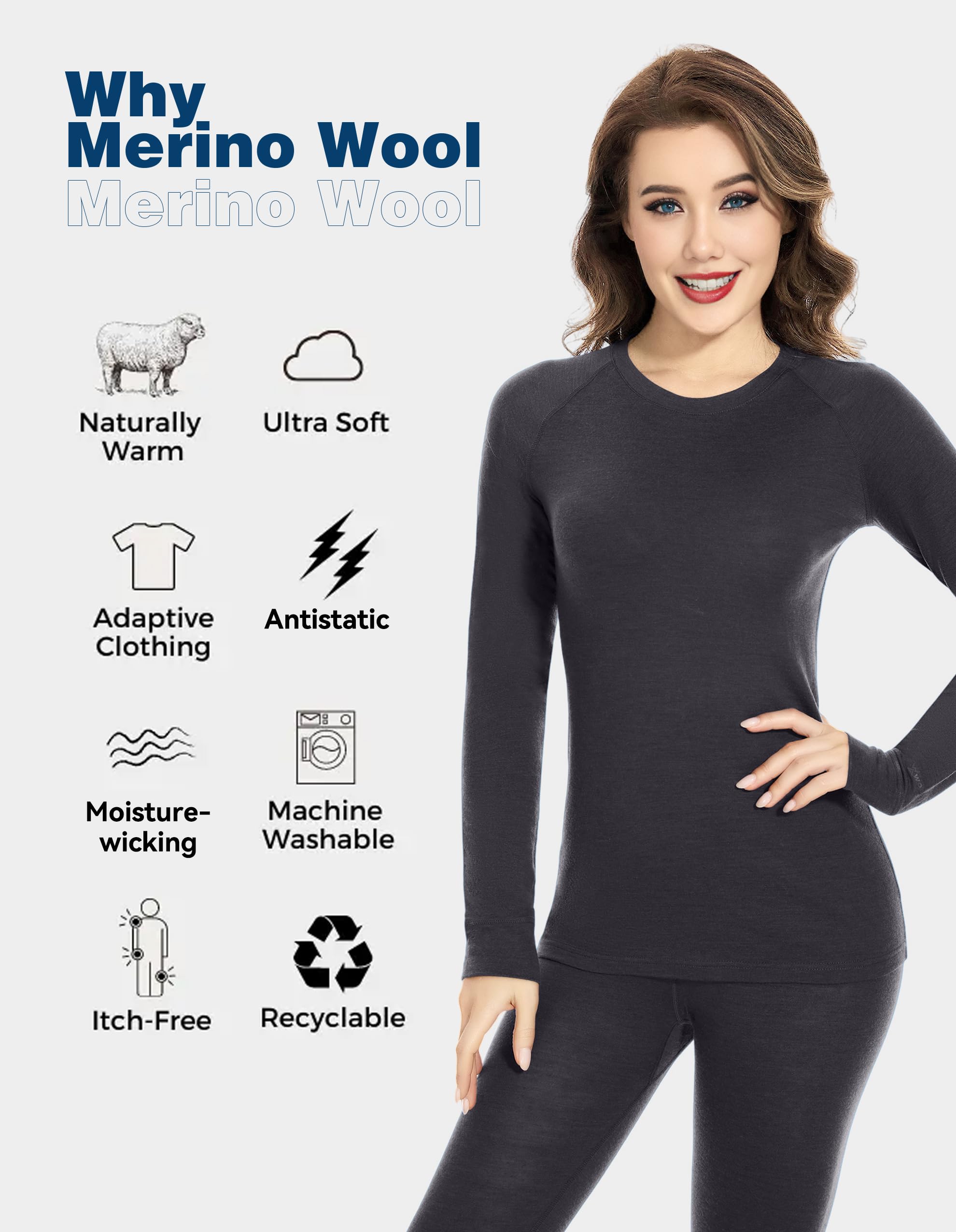 woolcano Women's 100% Merino Wool Base Layer Sets Lightweight Active Base Layer for Ski Heather Grey Small