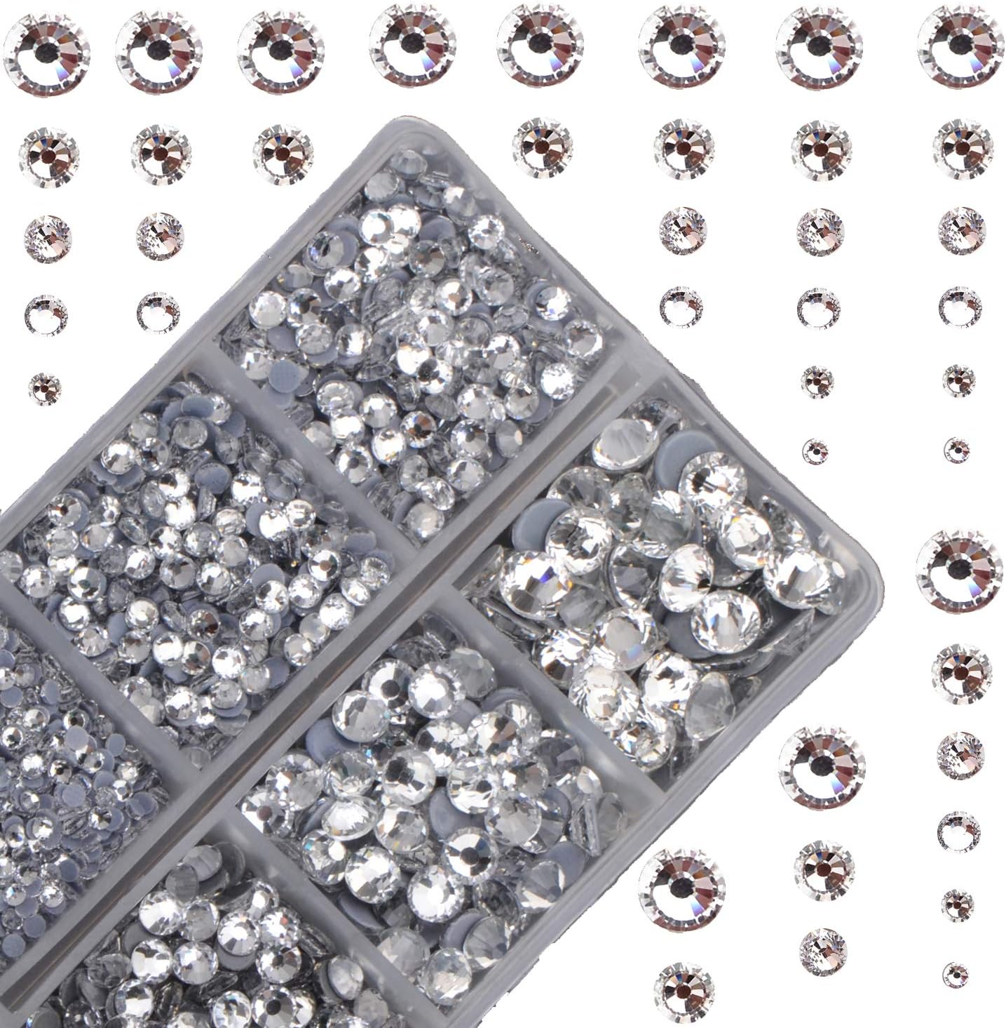 4000pcs Mixed Size Hot Fix Round Crystals Gems Glass Stones Hotfix Flat Back Rhinestones (Clear Crystal)