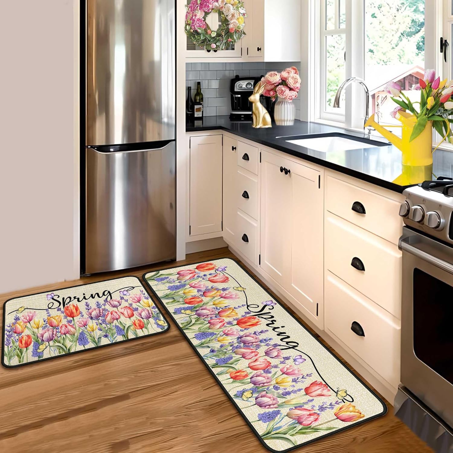 Sping Kitchen Rugs and Mats Set of 2, Sping Decorations for Home Non Slip Backing Sping Kitchen Rug Seasonal Low-Profile Kitchen Floor Mat Sping Decor 17"X47"+17"X30"