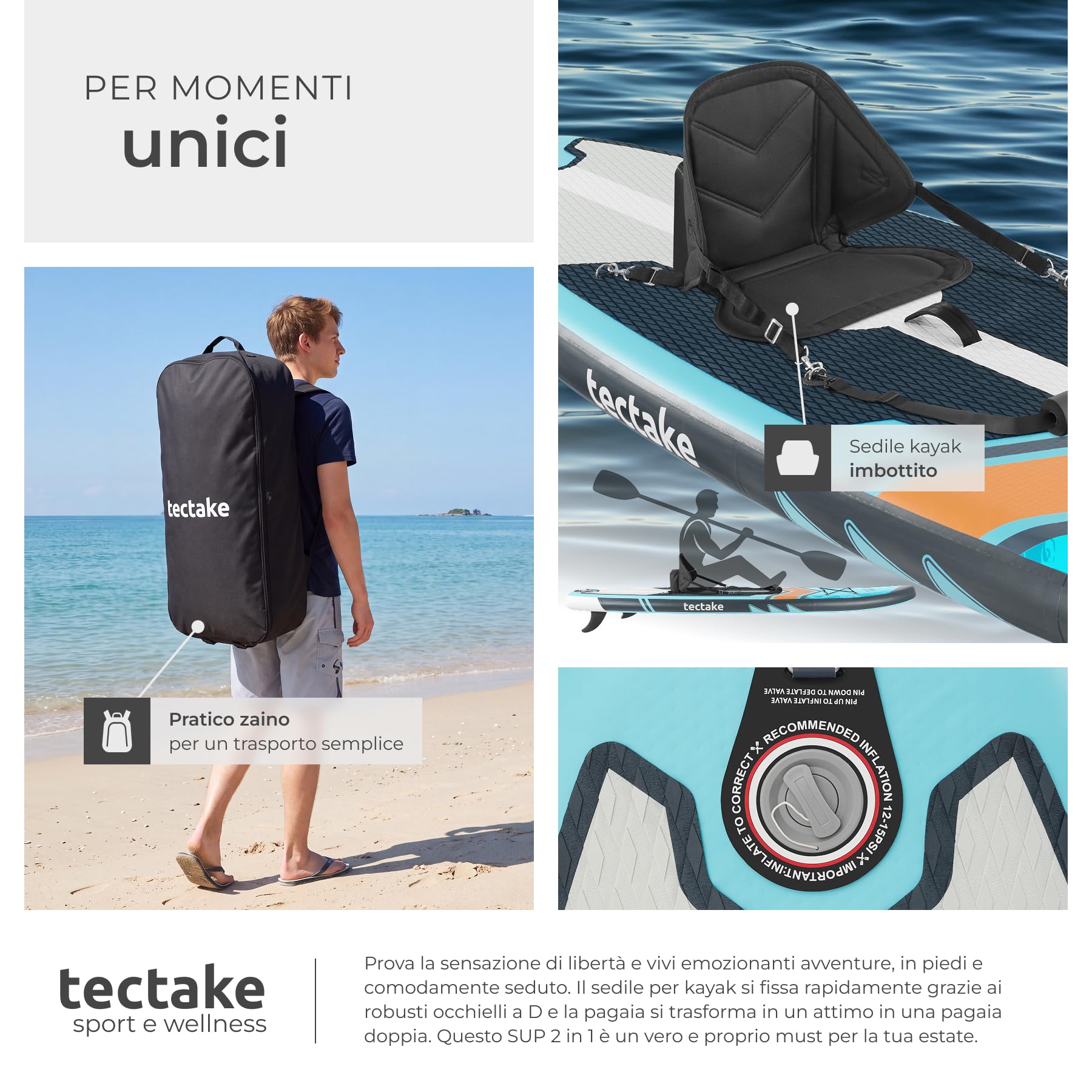 tectake® Tavola Sup Gonfiabile 2 in 1, Antiscivolo, Sedile Kayak, 200 kg