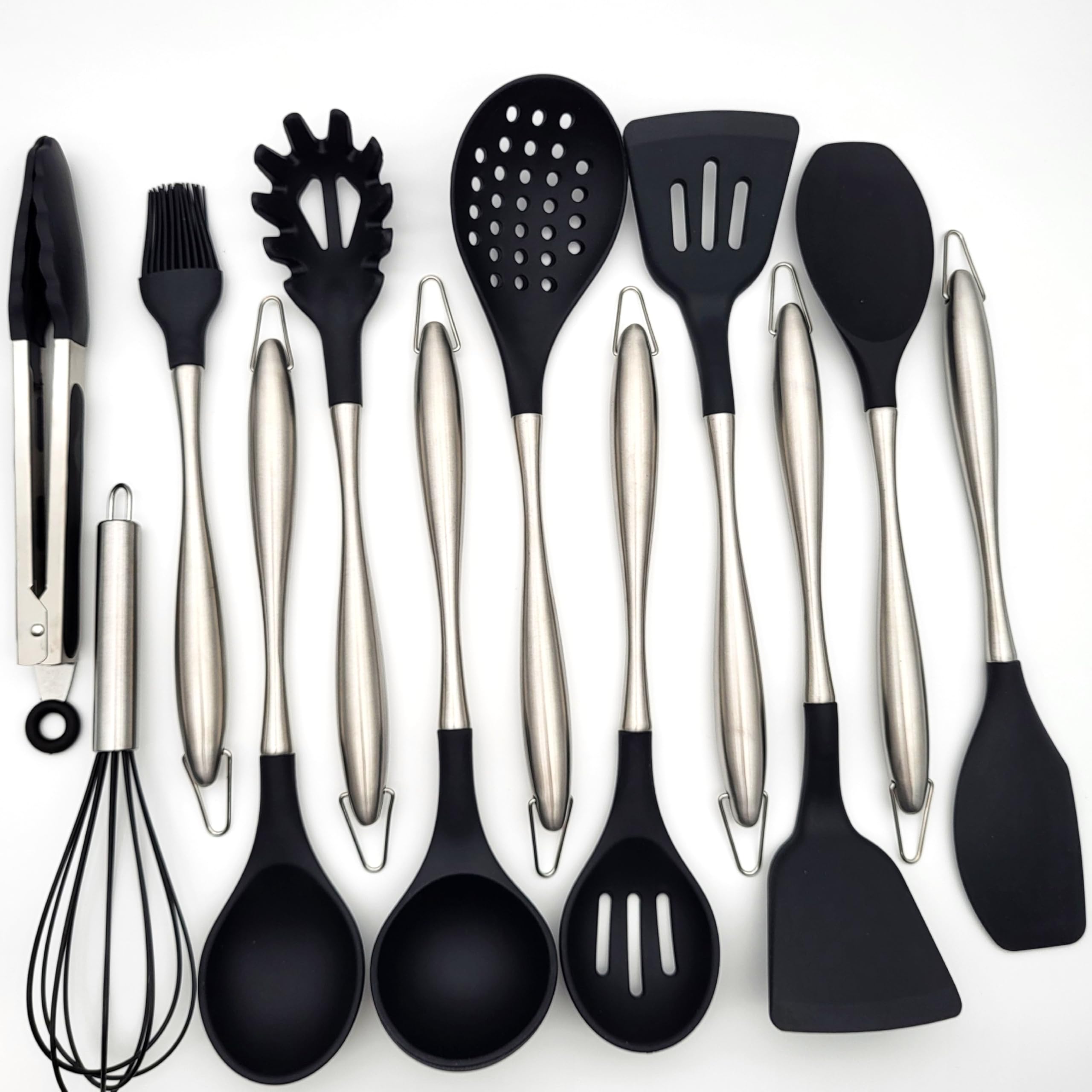 BWG Premium Küchenhelfer Set Edelstahl - Silikon12-teilig, Kochbesteck, Kochutensilien, Set aus hochwertigem Silikon in Schwarz, Griffe in elegantem Design, hitzebeständig.
