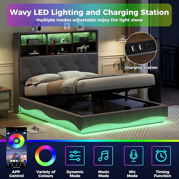 Miyemo Double Bed Frame with Storage, 4ft6 Upholstered Ottoman Bed with Headboard & Hydraulic, Linen Bed Frame with Charging-Station & Reading-Light, 135x190cm, Grey, (No Mattress)