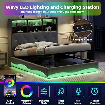 Miyemo Double Bed Frame with Storage, 4ft6 Upholstered Ottoman Bed with Headboard & Hydraulic, Linen Bed Frame with Charging-Station & Reading-Light, 135x190cm, Grey, (No Mattress)