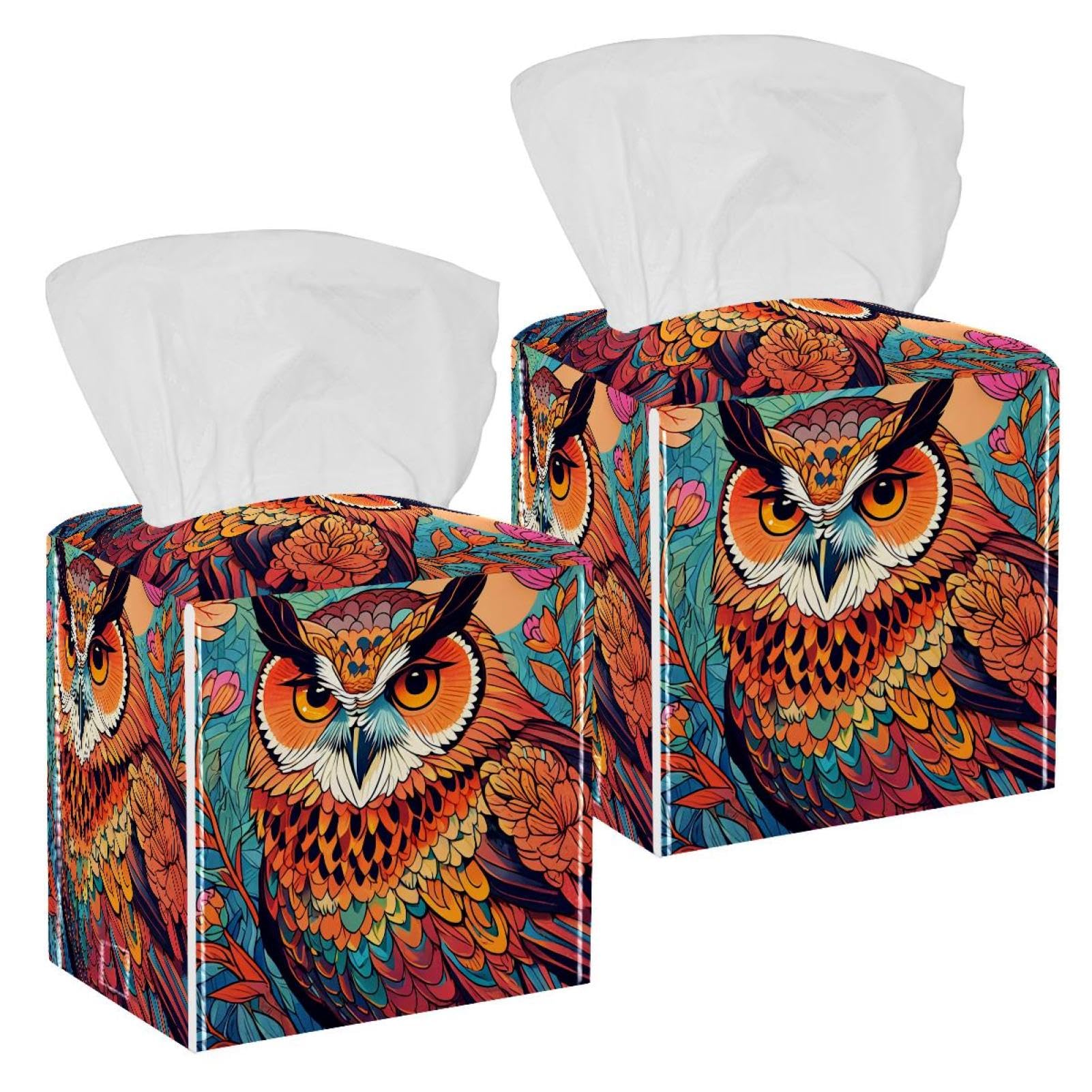 Drawing Owl Tissue Box Cover, 2 Pack PU Leather Square Facial Tissue Dispenser Box holder for Home Office Car