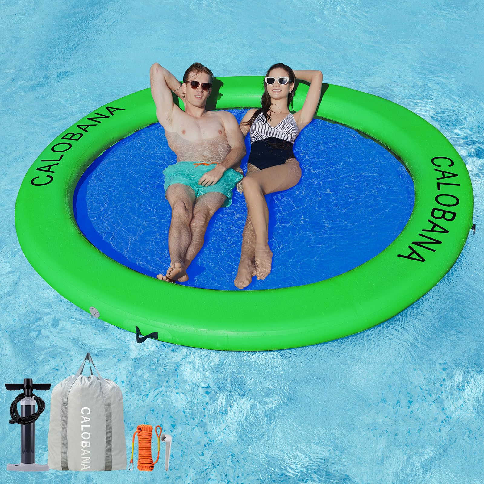 Photo 1 of CALOBANA 10ft Heavy Duty Inflatable Water Hammock, Round Floating Ring Float Island Platform River Floats Lake Raft Tanning Pool Lounger for Adults Party, Green & Blue