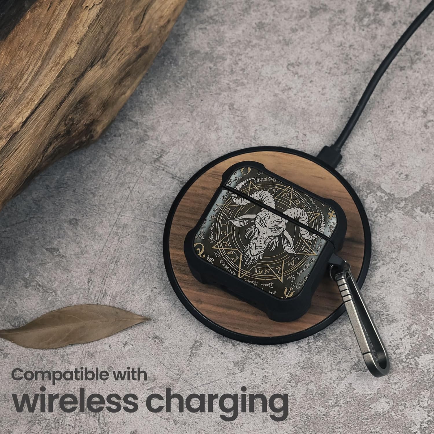 for AirPods 4 Case (2024) (USB-C), Shockproof Cover with Quick Released Keychain, Compatible with AirPods 4th Generation, Natural Wood Hand-Drawn (Baphomet Seal) Dark Wood