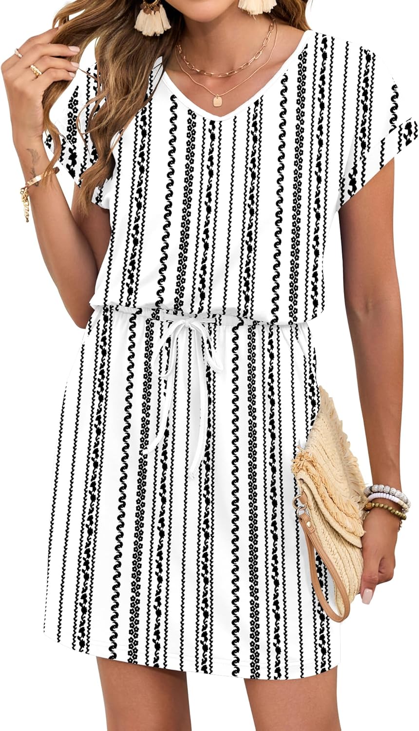 AUSELILY Women's Summer Dress 2026 Short Sleeve Tshirt Drawstring Waist Beach Cover up Casual Mini Short Dresses with Pockets - Image 2