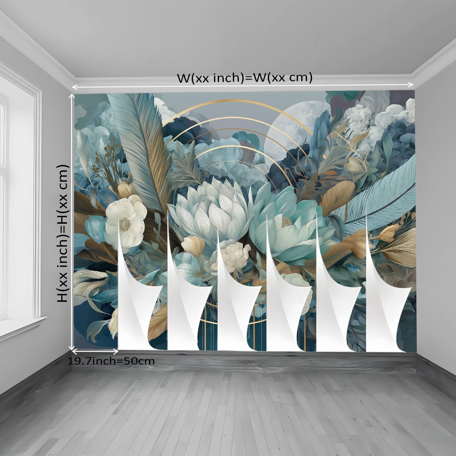 Tapeta z motywem 250 x 175 cm, pióra i kwiaty, wesoła tapeta z motywem do pokoju dziecięcego i kącika do majsterkowania, niebiesko-zielona