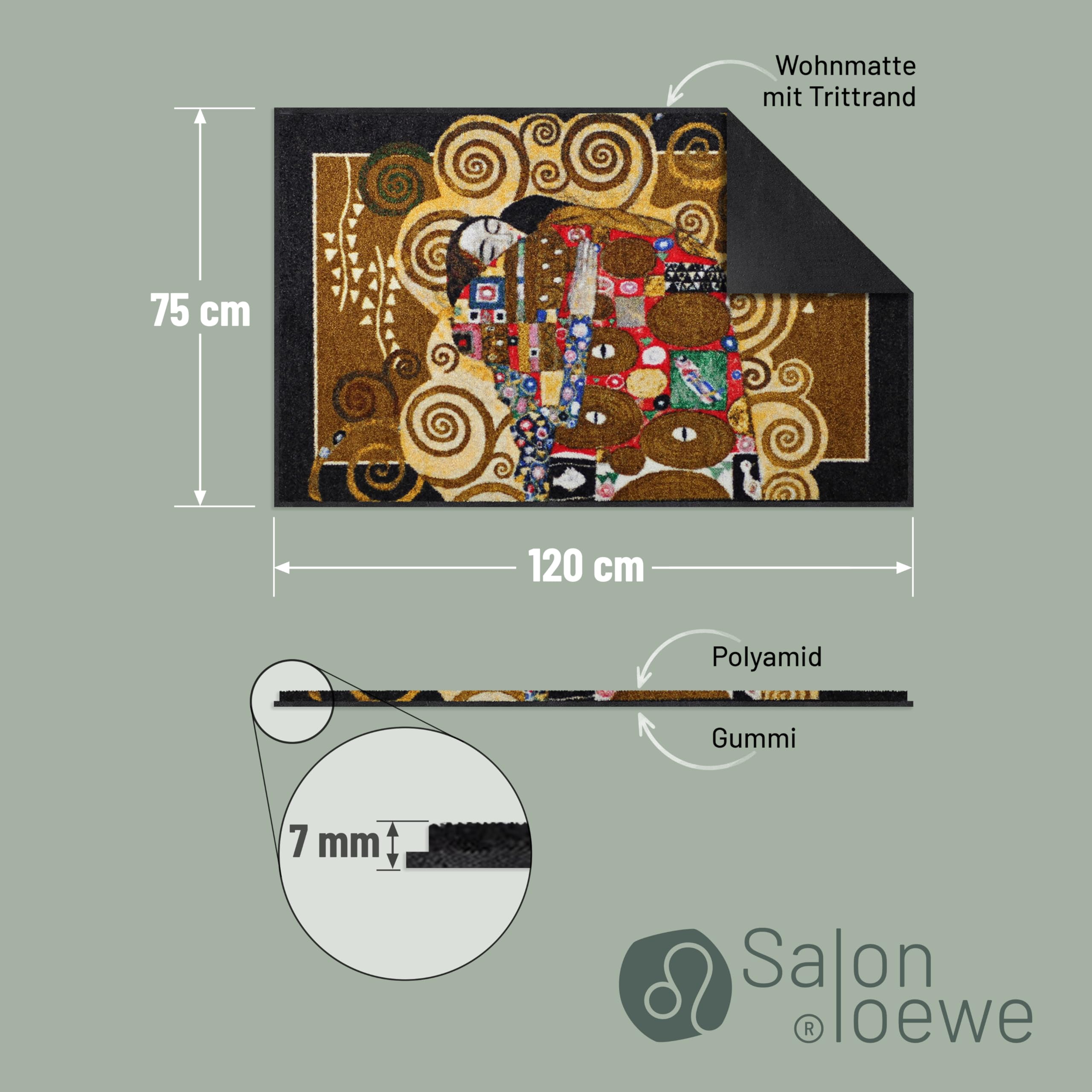 Salonloewe Gustav Klimt - Die Erfüllung Melange Fußmatte 75 x 120 cm Fußabtreter, Türmatte, Schmutzfangmatte, Schmutzfänger, Küchen-Wohn-Teppich