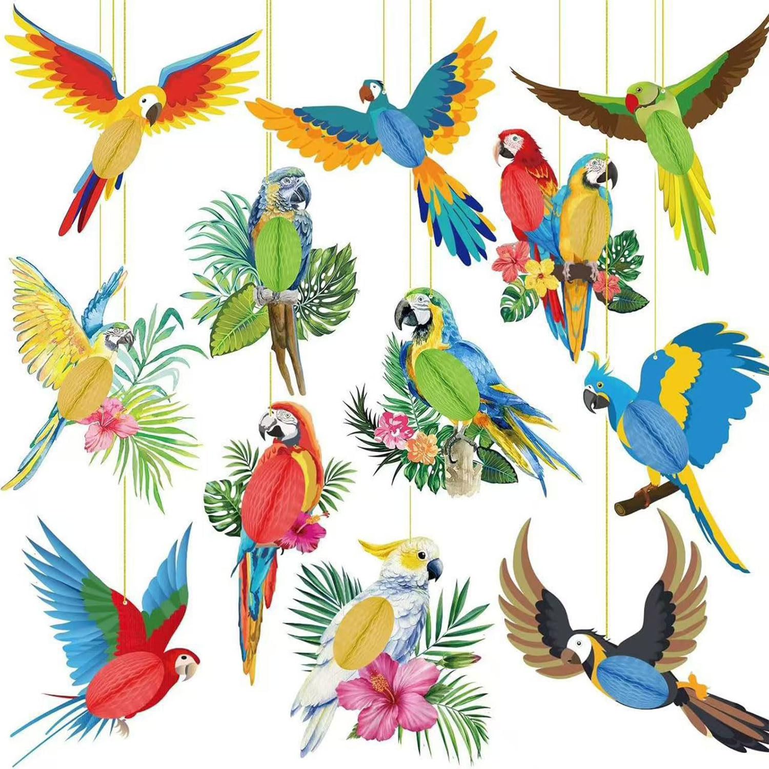 Gansdnek 12 Pcs Tropical Birds Decorations, 2D Wooden Hanging Parrot Decoration, Party Decoration Parrot, Jungle Decoration Birds, Decorate Parrots for Summer Tropical Party Hawaii Jungle Garden Party