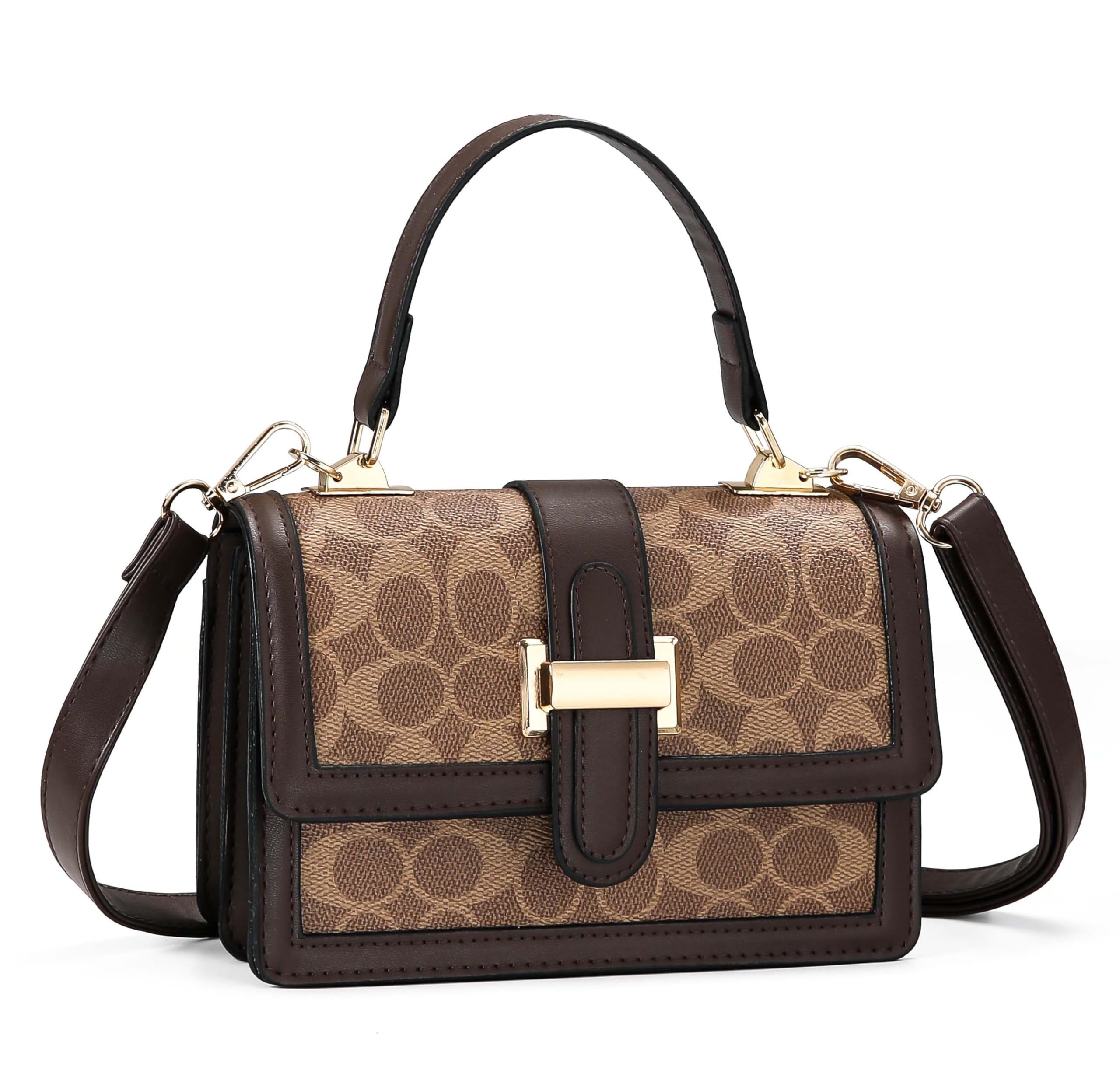 Designer Monogram Crossbody Handbag, Brown Signature Print with Gold Hardware, Top Handle and Adjustable Strap-image-49