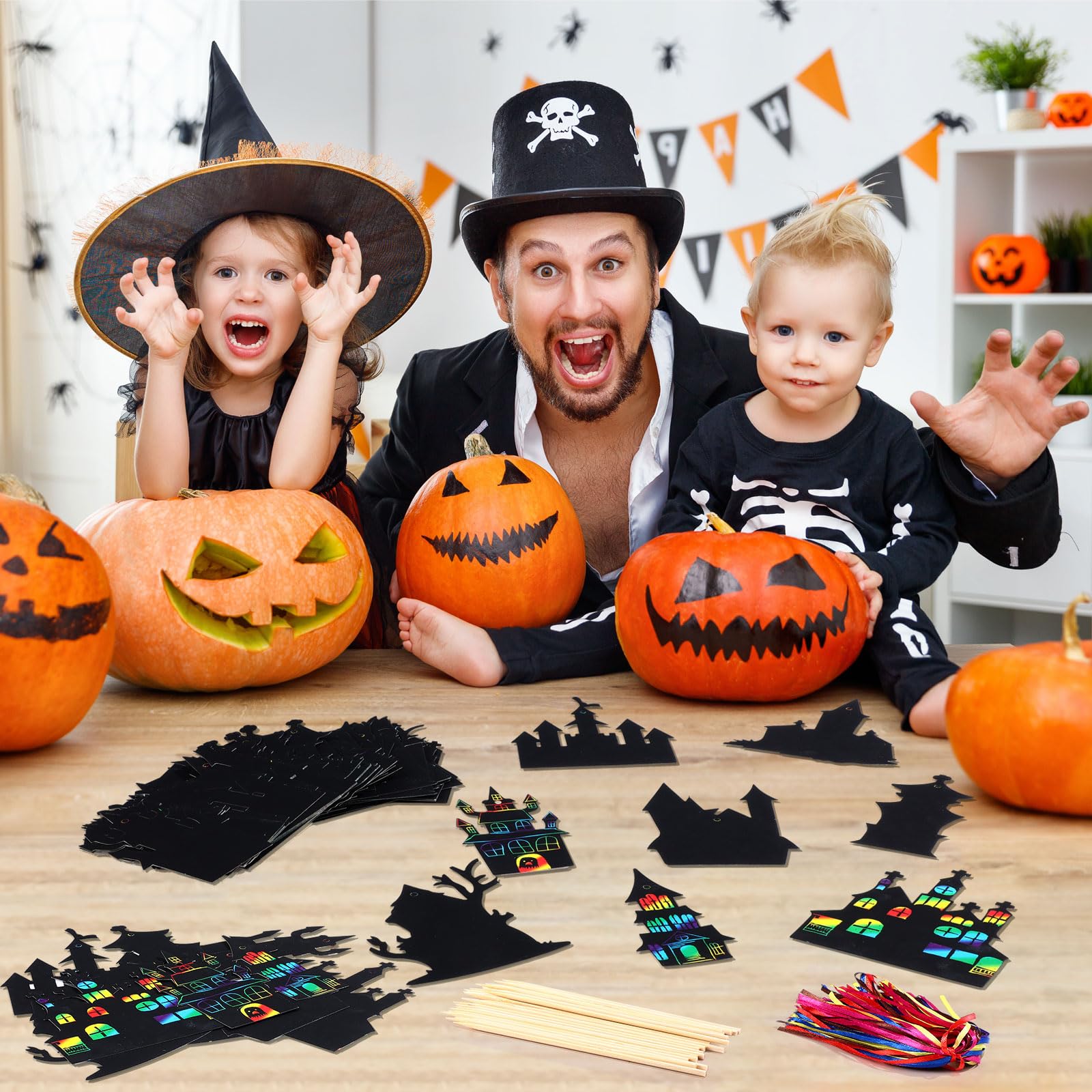 80 Piece Halloween Scratch Art Craft Kit - DIY Rainbow Scratch Cards With Sticks And Ribbons For Kids Party