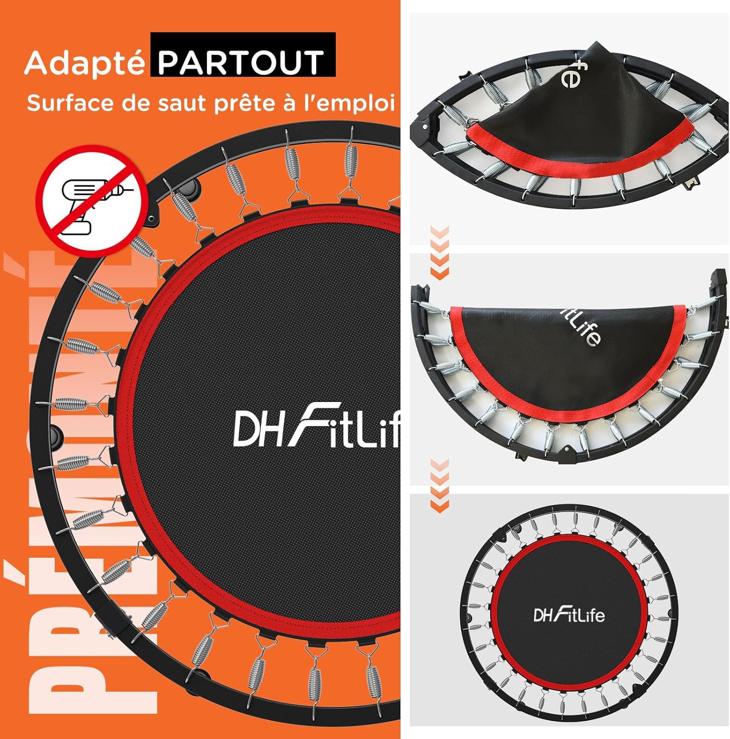 DH FitLife Trampoline de Fitness Intérieur Pliant sans Installation | Ø102 cm 40 Pouces | Capacité 150 kg | 4 Niveaux de poignée réglables | Structure Stable