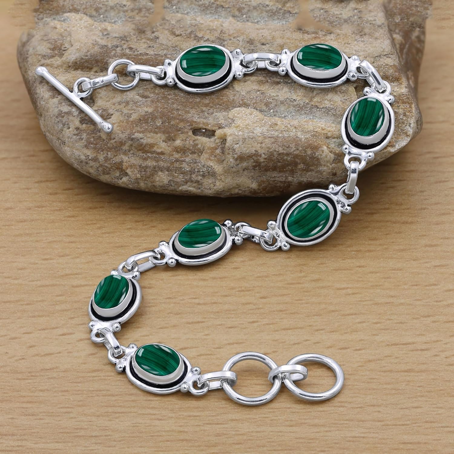 Natural Oval Gemstones Sterling Silver Plated Link Bracelet - Handmade Birthstone Vintage Style Adjustable Bracelets - Women's Jewelry Gift for Mom Wife Sister Grandmother - Image 4