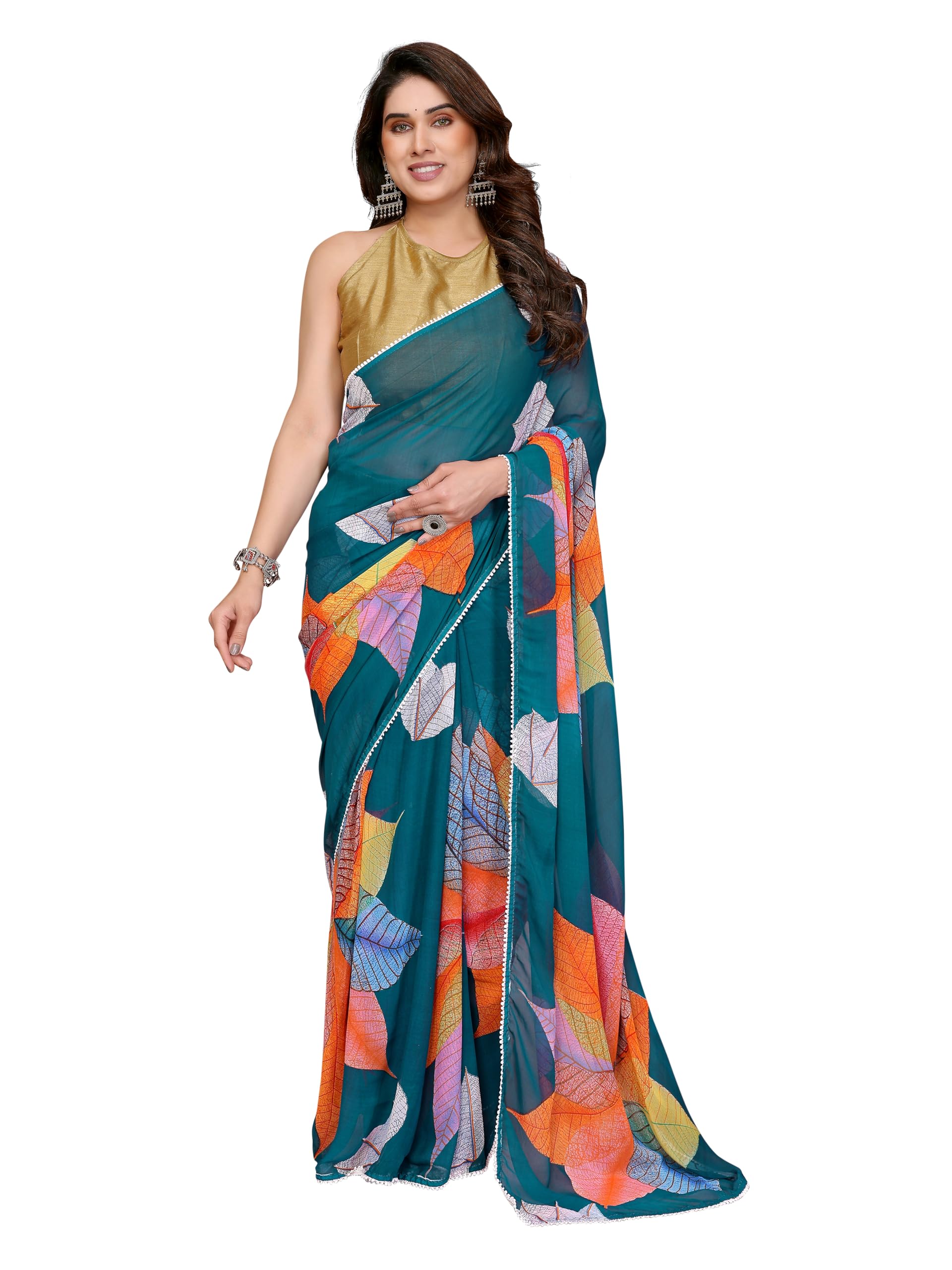 MOHIT CREATIONS Women's Party Wear Georgette Printed Border Ready To Wear Saree With Unstiched Blouse Piece