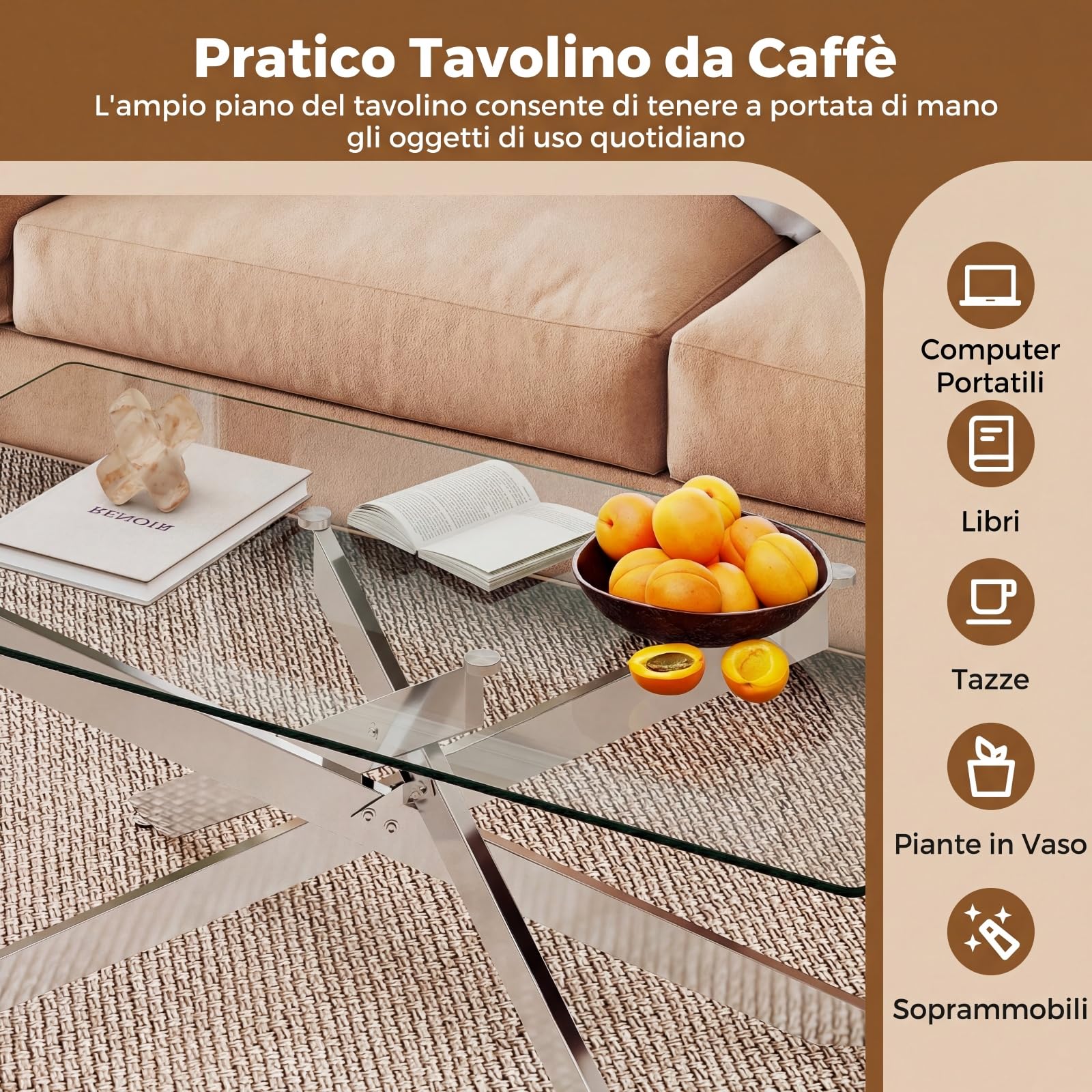 COSTWAY Tavolo da Caffè, Tavolino Salotto in Vetro Temperato con Gambe Incrociate in Metallo Placcato e Piedini Regolabili Antiscivolo, per Soggiorno e Ingresso, 120 x 60 x 45,5 cm (Argento)