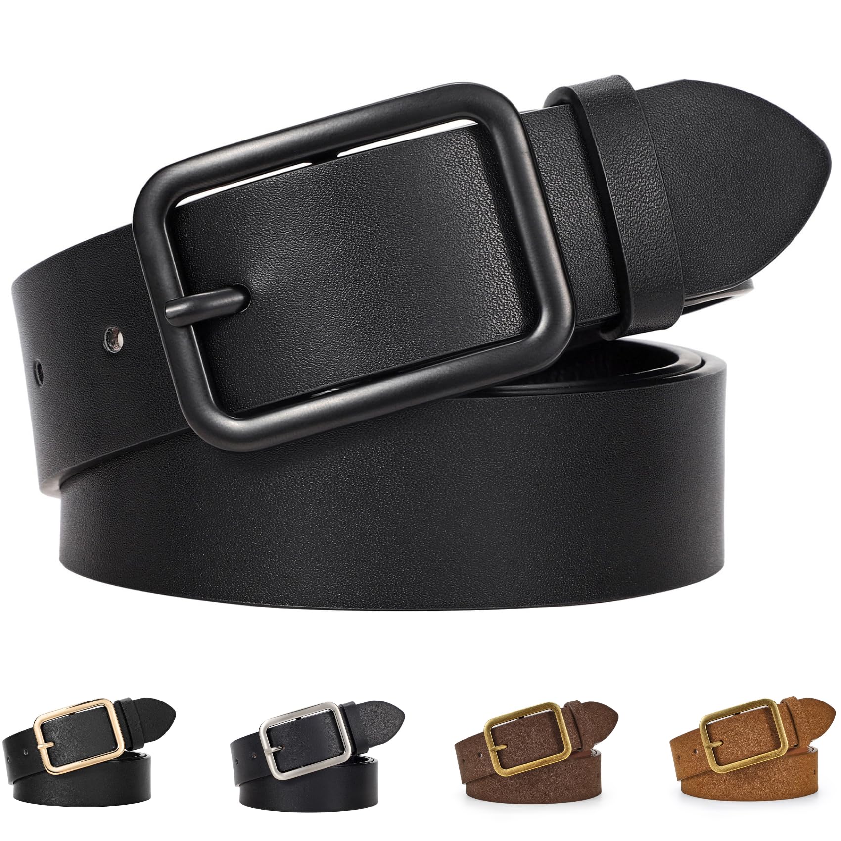 LEACOOLKEY Damen Ledergürtel schwarz mit Klassischer quadratischer Schnalle damen gürtel für Jeanshosen, 3.3cm Breite