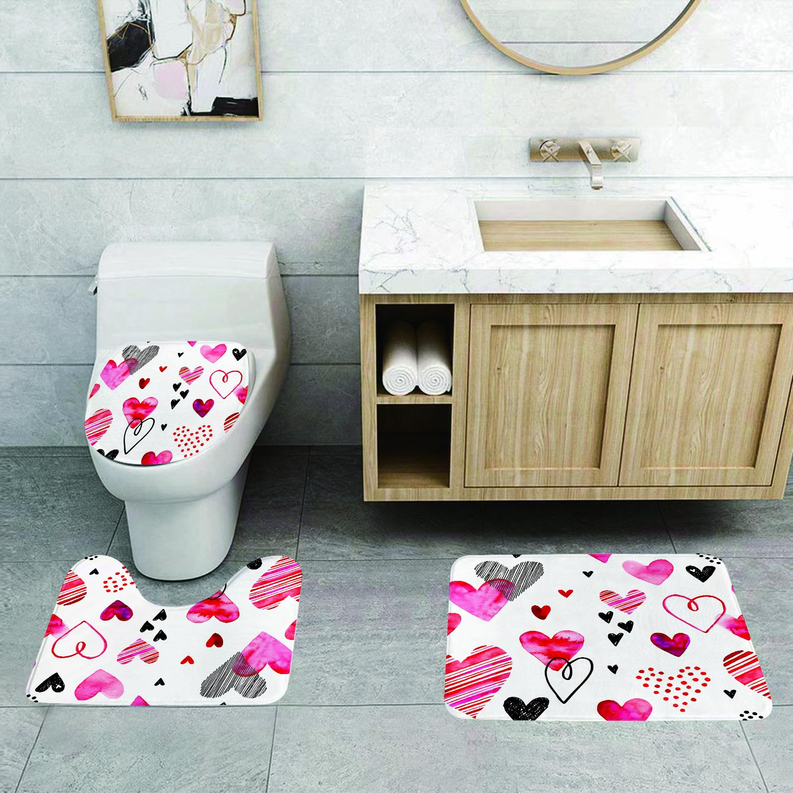 Set di 3 tappetini da Bagno, Lavabili in Lavatrice e Antiscivolo, tappetini in Morbida Fibra Superfine, San Valentino, Diversi Tipi di He1