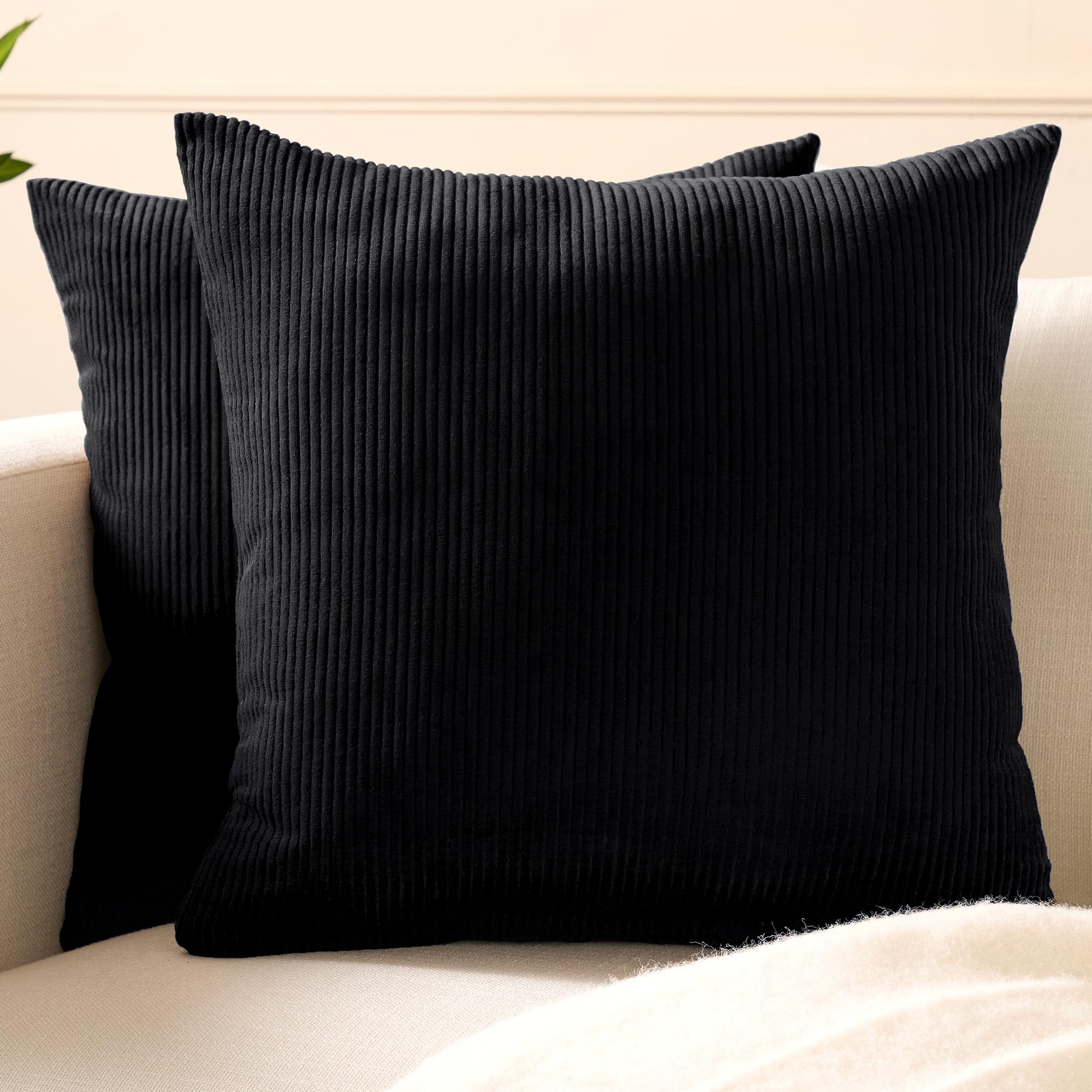 Encasa XO Corduroy Cushion Covers 40x40 cm, Set of 2 Soft Textured Striped Boho Pillow Covers | Decorative and Cozy Cushion Cases For Home Decor For Sofa Living Room Couch Bed, Black