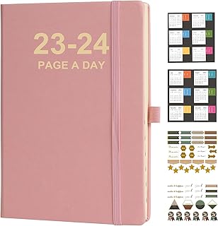 Nitukany Academic Diary 2023-2024 A5 Day Per Page Appointment Book Hourly diary with Academic Calender diary Stickers, Banded Leather Hard Cover, Inner Large Pocket 6.1''x8.3'' Light Pink-A