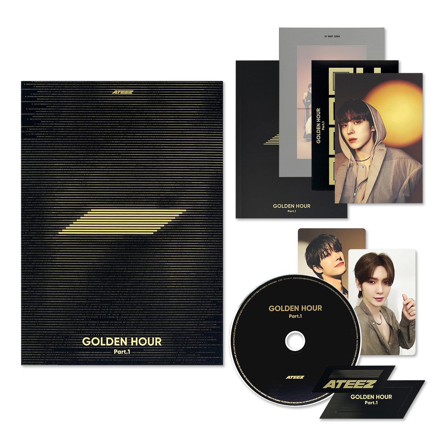 ATEEZ - [GOLDEN HOUR : Part.1] (GOLDEN HOUR Ver.) Invitation + Photo Frame + Postcard Set + Envelope + Photobook + Postcard + Photocard + Sticker + Bookmark + Disc + 2 Pin Badges + 4 Extra Photocards