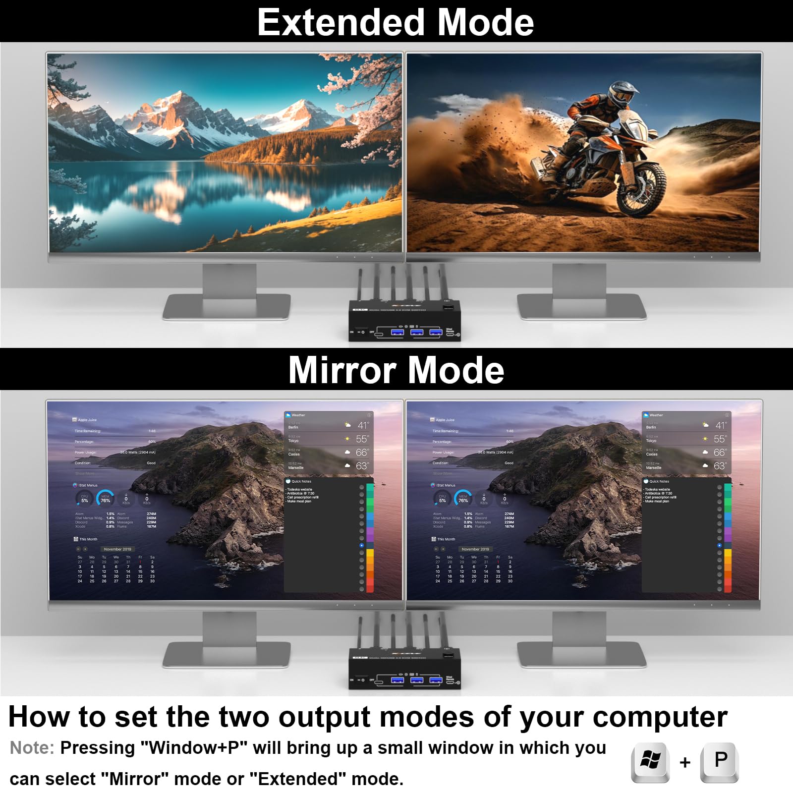 Commutateur KVM 8K@60Hz 4K@120Hz 2 PCs 2 moniteurs, commutateur KVM HDMI double moniteur avec 4 ports USB 3.0, télécommande filaire et câbles USB 3.0 inclus
