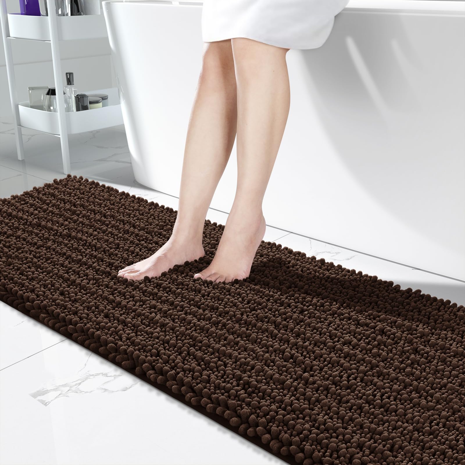 Yimobra Bathroom Runner Rug 70x24 Inch - Extra Long Non Slip Chenille Bath Mat, Soft & Absorbent, Machine Washable Shaggy Hallway Carpet for Vanity Tub Shower, Brown Home Decor Accessories
