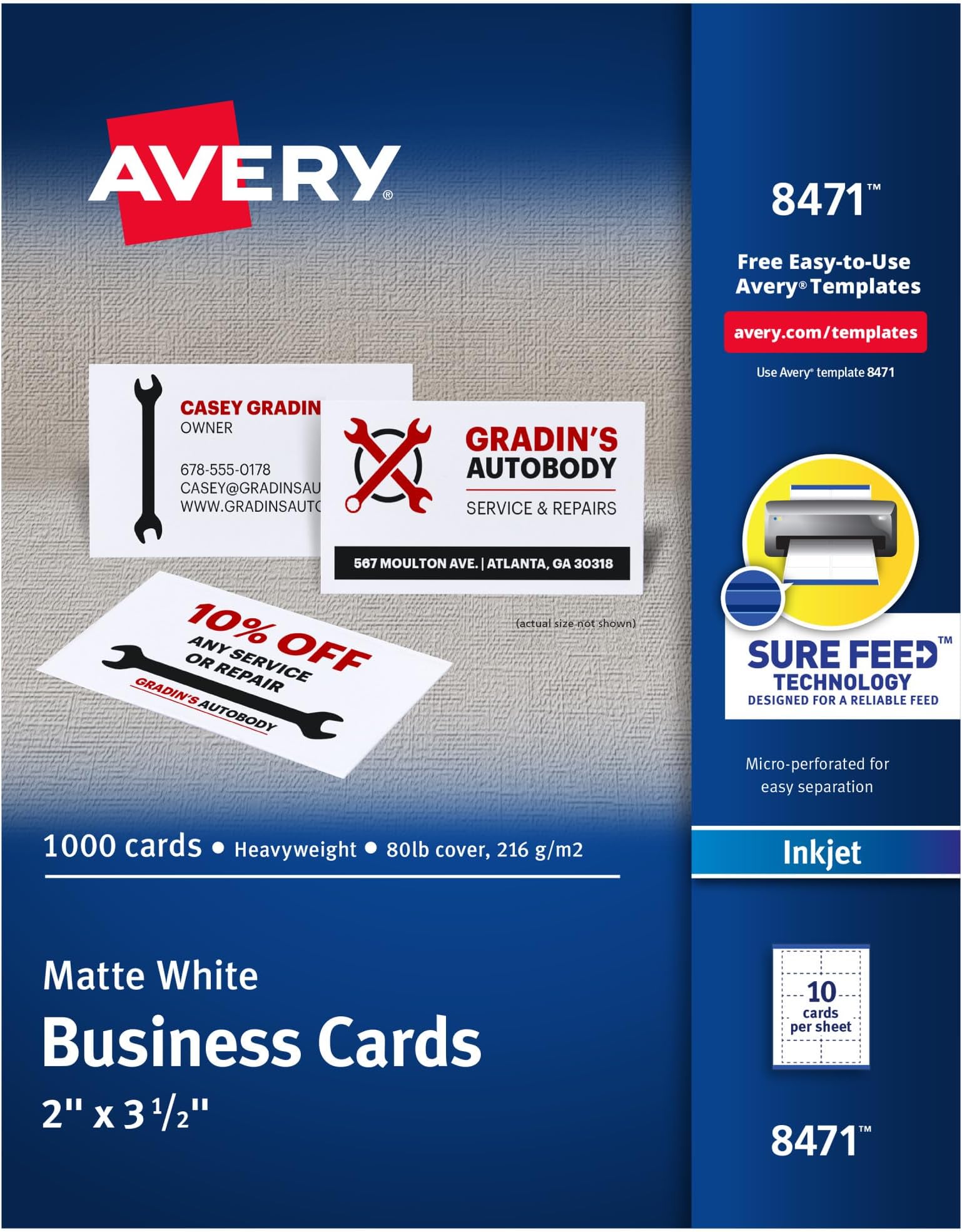 Avery Printable Business Cards with Sure Feed Technology, 2" x 3.5", White, 1,000 Blank Business Cards, Inkjet Printer Paper (8471)