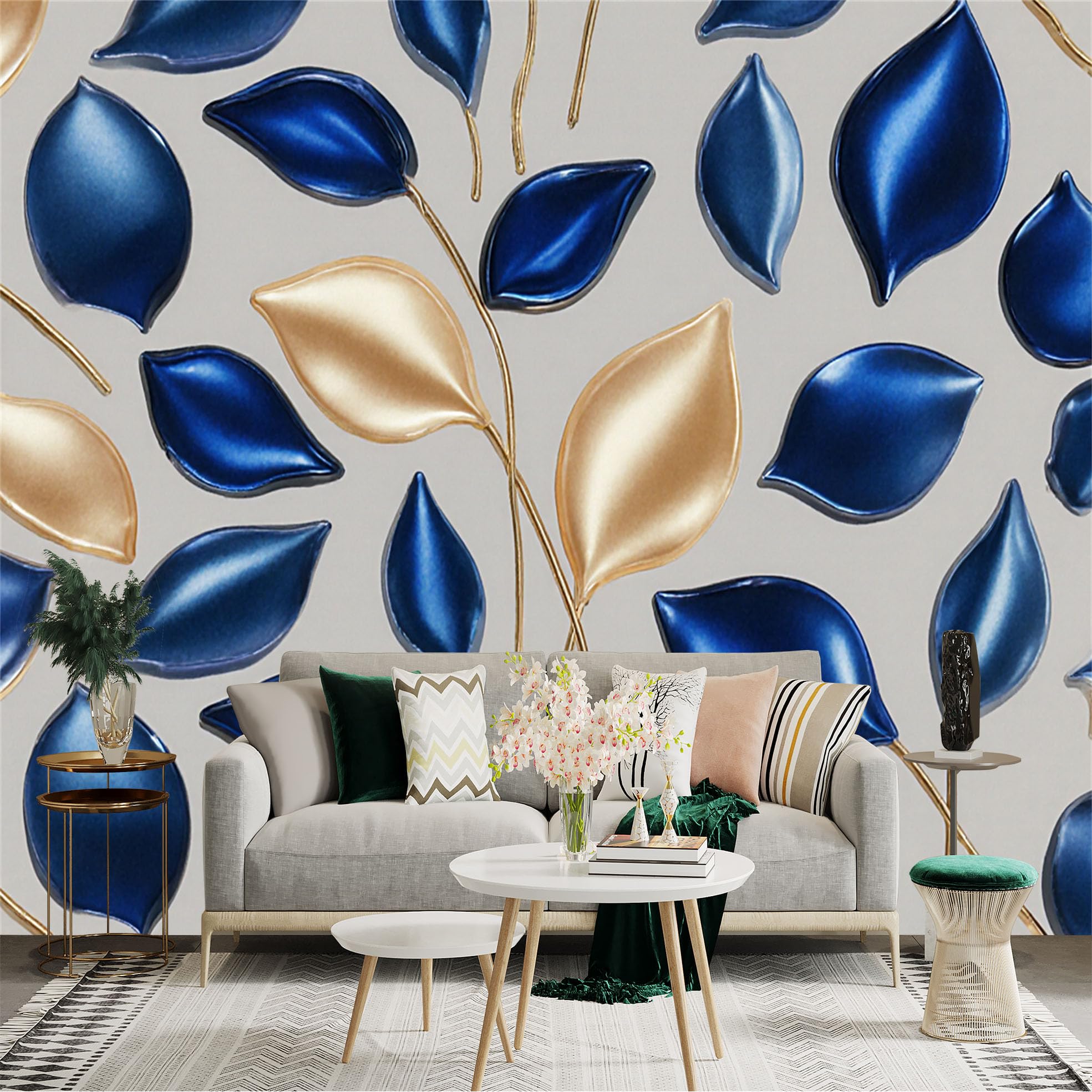 Custom Size Wall Sticker Mural， Modern Minimalist Metallic Blue and Gold Leaves， Abstract Botanical Art Pattern， for wall Decoration， peelandstick wall Decals.