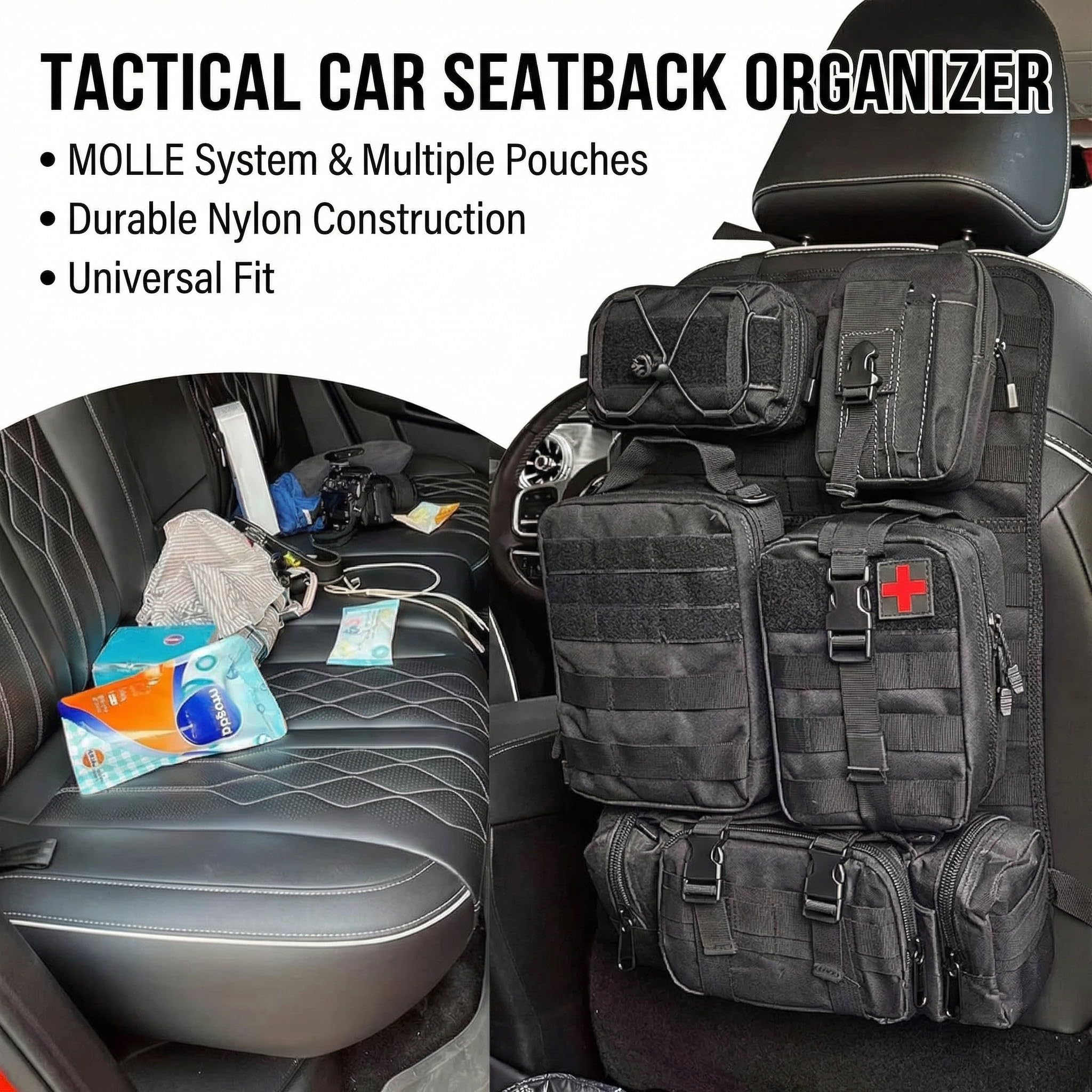 SOONHUA Organizador de asiento de coche táctico con 5 bolsillos Molle desmontables, protector de respaldo para camping, organizador de coche, asiento trasero impermeable