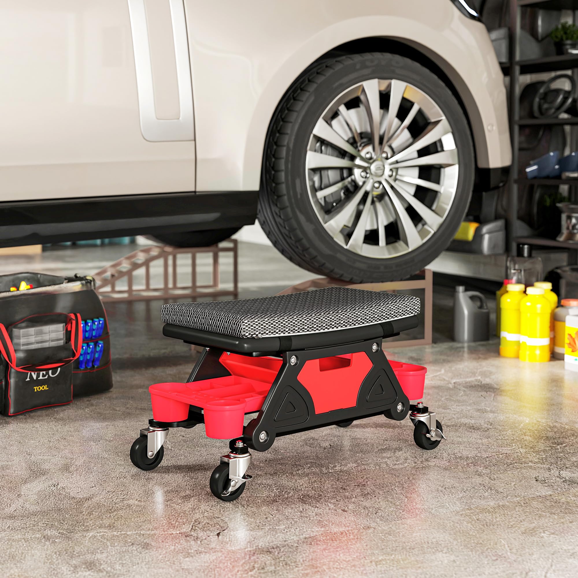 HOMCOM Sgabello mobile per officina, carico massimo 135 kg, sgabello da meccanico con rotelle, girevole a 360° con vassoi portautensili scorrevoli e cassetto, sedile girevole per officina di