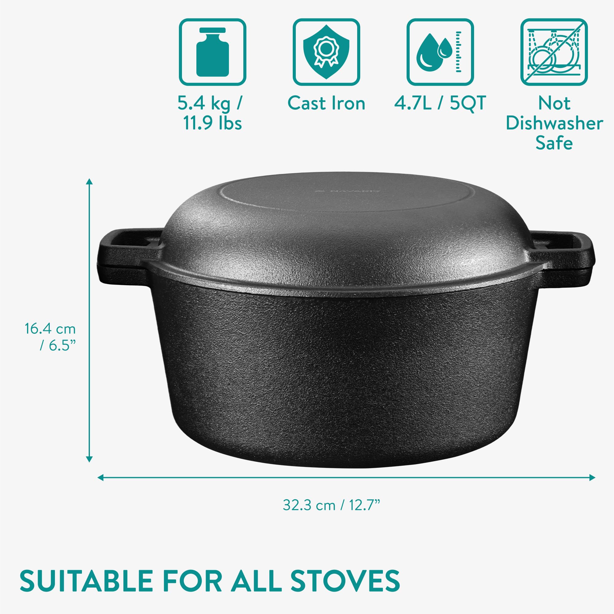 Navaris Żeliwny garnek do zapiekania 4,7 l / 26 cm (5QT / 25.9 cm) - holenderski piec do pieczenia chleba - wstępnie zaprawiony żeliwny garnek z pokrywką, nadaje się jako patelnia