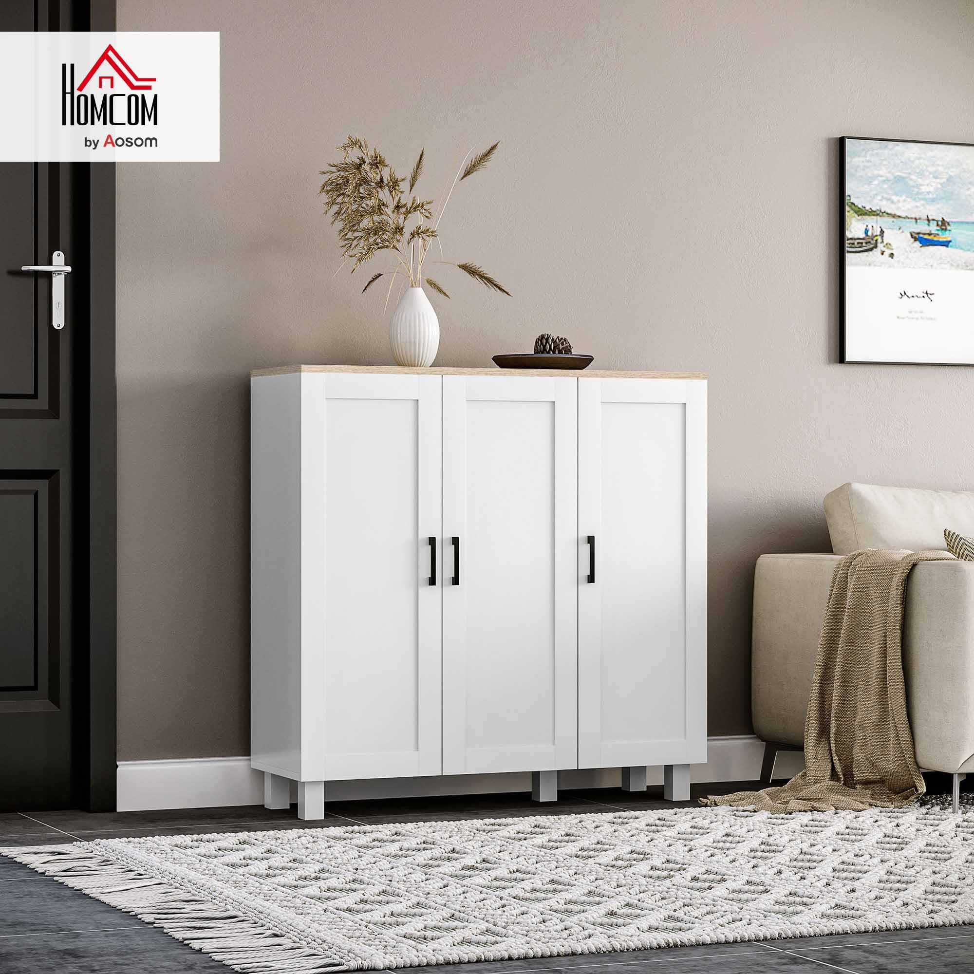 HOMCOM Credenza Cucina in Legno, Mobile Cucina a 3 Ante, Ripiani Regolabili, Stile Scandinavo, Credenza Buffet per Soggiorno, Salotto, Sala da Pranzo, 90x30x90cm, Bianco
