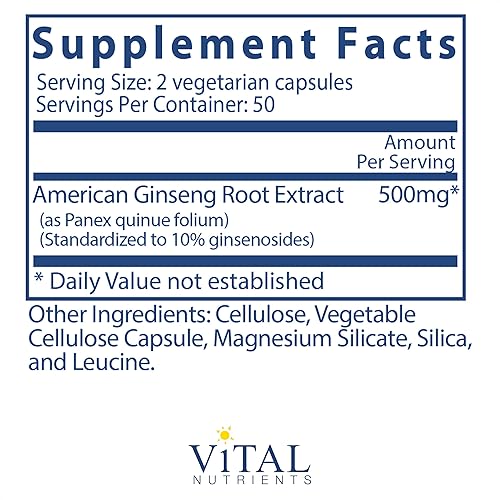 Miniatura 2 de Vital Nutrients - Ginseng americano - Apoyo energético - Resistencia mental y física - 100 cápsulas vegetarianas por botella - 250 mg