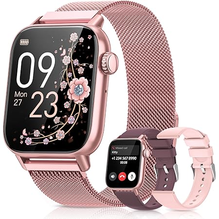 BANLVS Smartwatch Damen mit Telefonfunktion 1,85'' Zoll Fitnessuhr Damen mit SpO2, Herzfrequenz, Schlafmonitor, Menstruationszyklus, IP68 wasserdichte Sportuhr für iOS und Android (Rosa)