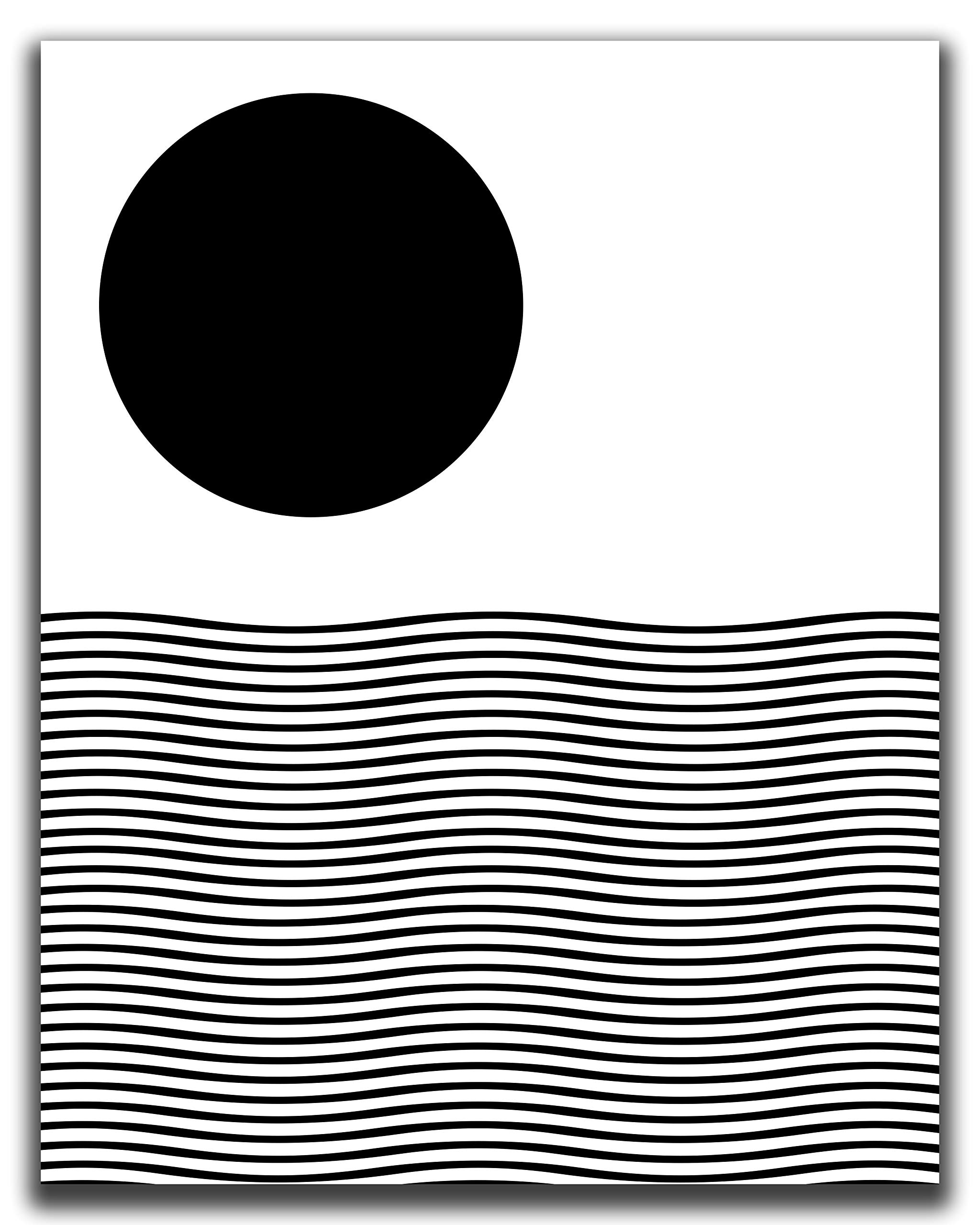 Abstract Geometric Sun & Sea Ocean Waves Wall Art Print - 11x14" UNFRAMED Print - Modern, Minimal, Black & White - Scandinavian, Nordic, Mid Century Modern Decor