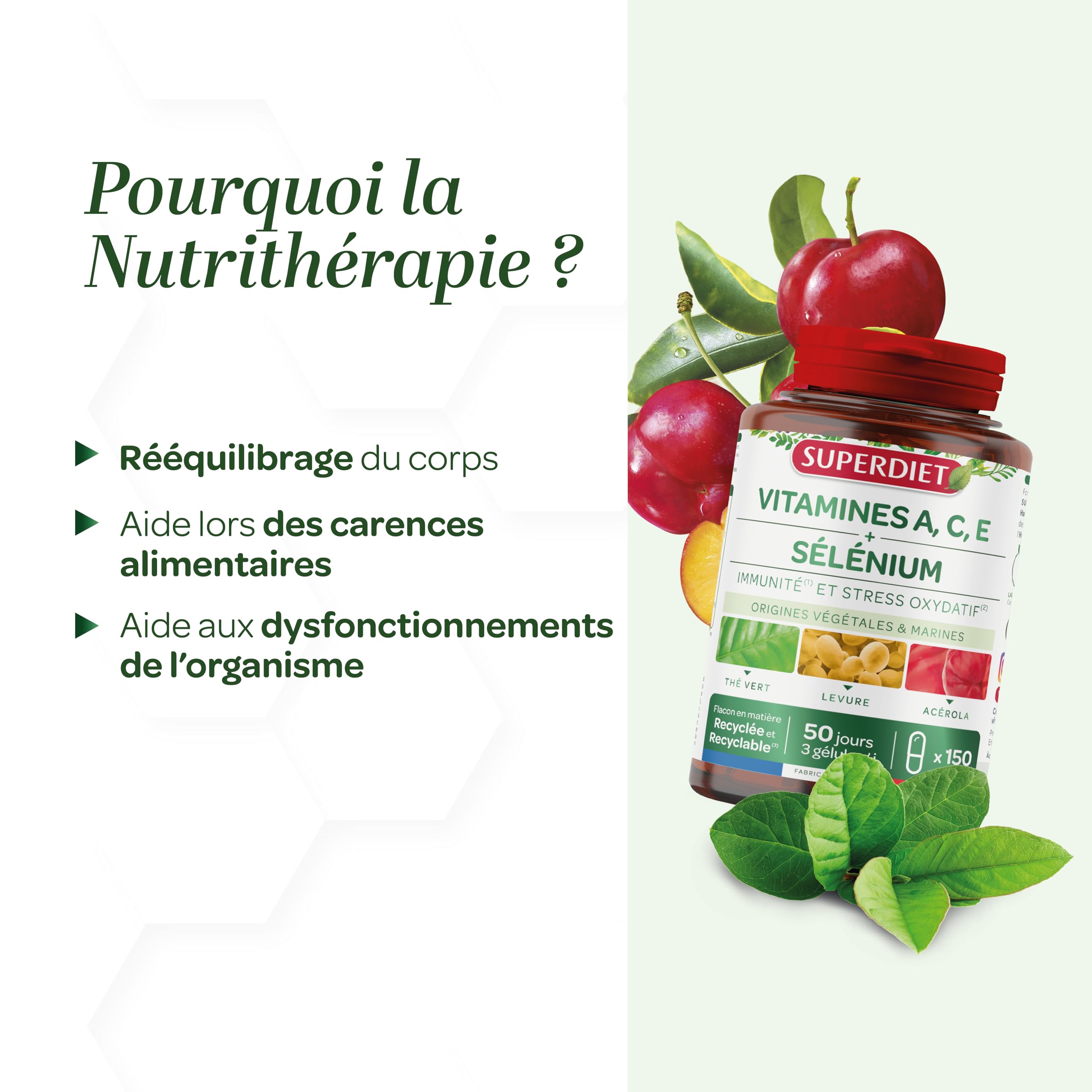 SUPERDIET - VITAMINE A,C,E ET SÉLÉNIUM – Immunité et Stress oxydatif – Nutrithérapie – Fabrication Française – 150 gélules