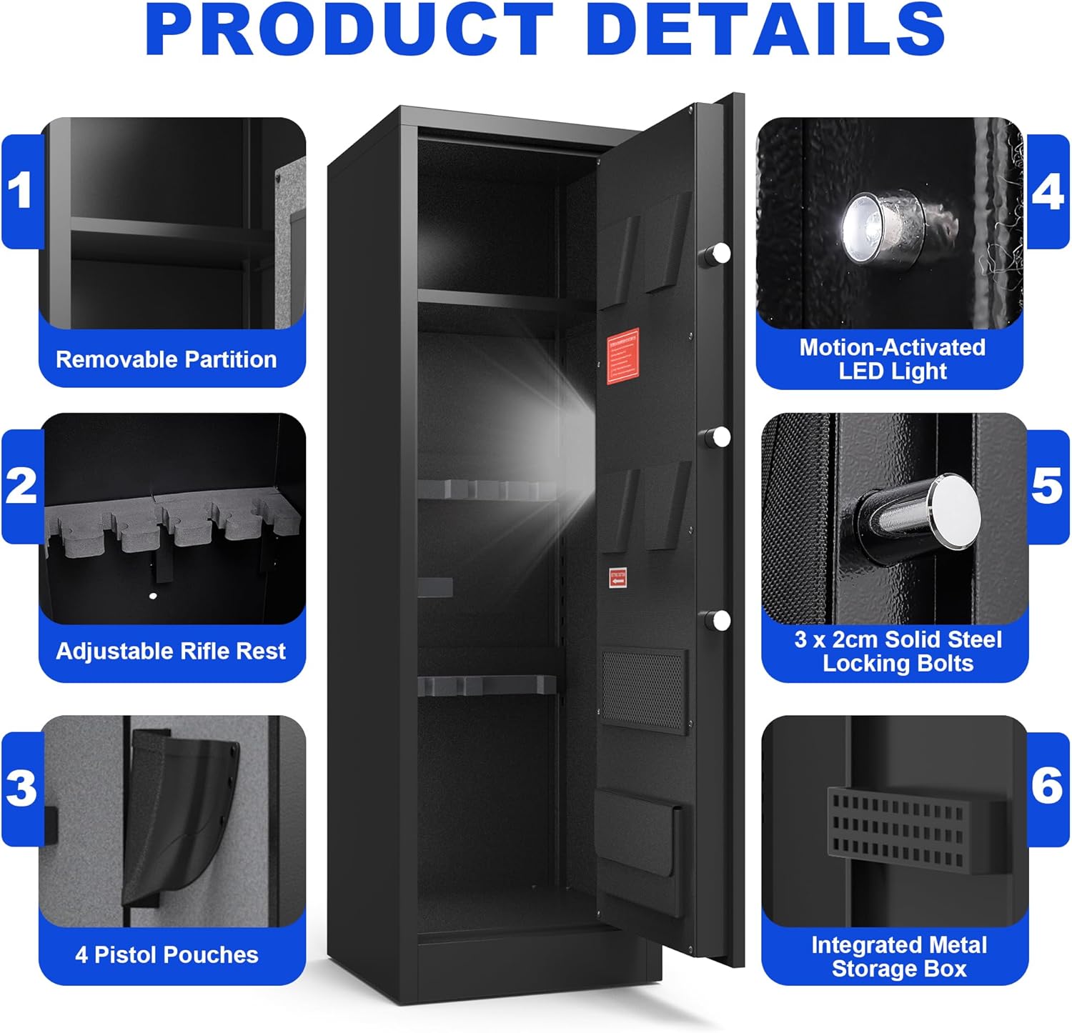Marcree 8-10 Gun Safe, Large Gun Safes for Rifle & Pistol Storage, Quick Access Rifle Safe, Gun Cabinets for Rifles and Shotguns, Adjustable Shelves, Long Gun Safe with Dual Alarm & Mute Mode