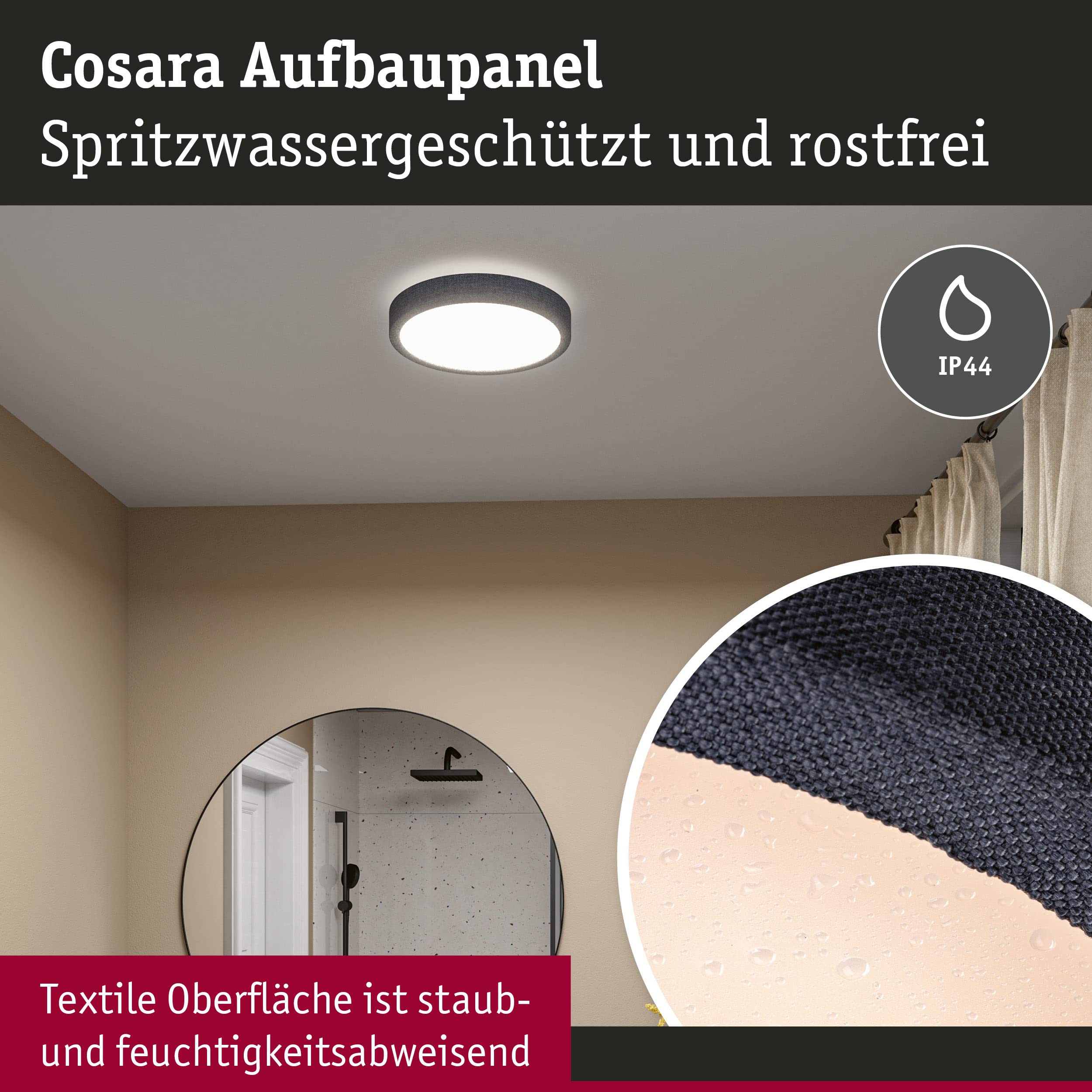 Paulmann 71055 LED Panel Cosara rund 15W IP44 1300lm 300mm Deckenleuchte in Dunkelgrau Kunststoff/Stoff 4000K Badleuchte